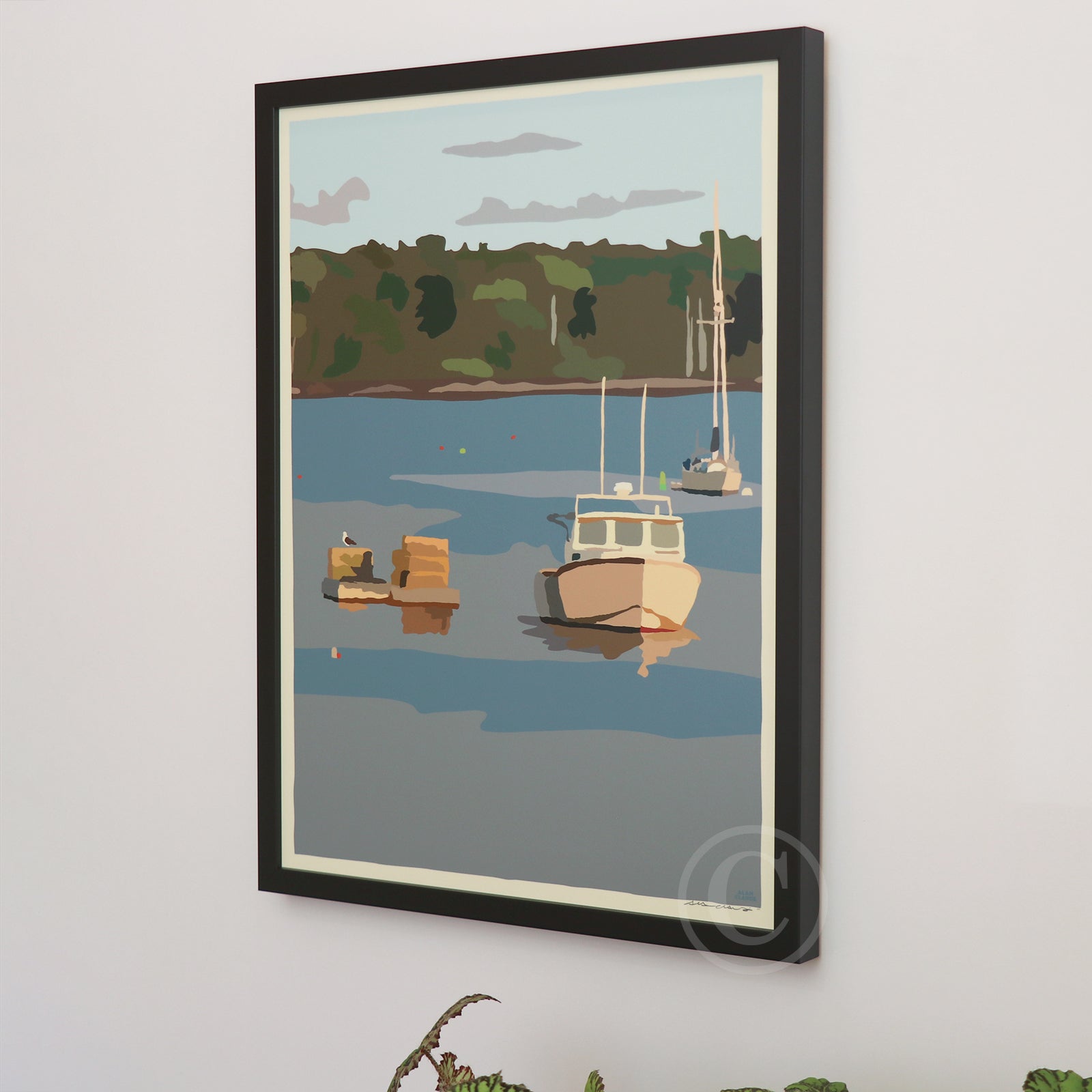 Lobster Boat in Round Pond Harbor Art Print 18" x 24” Vertical Framed Wall Poster By Alan Claude - Maine
