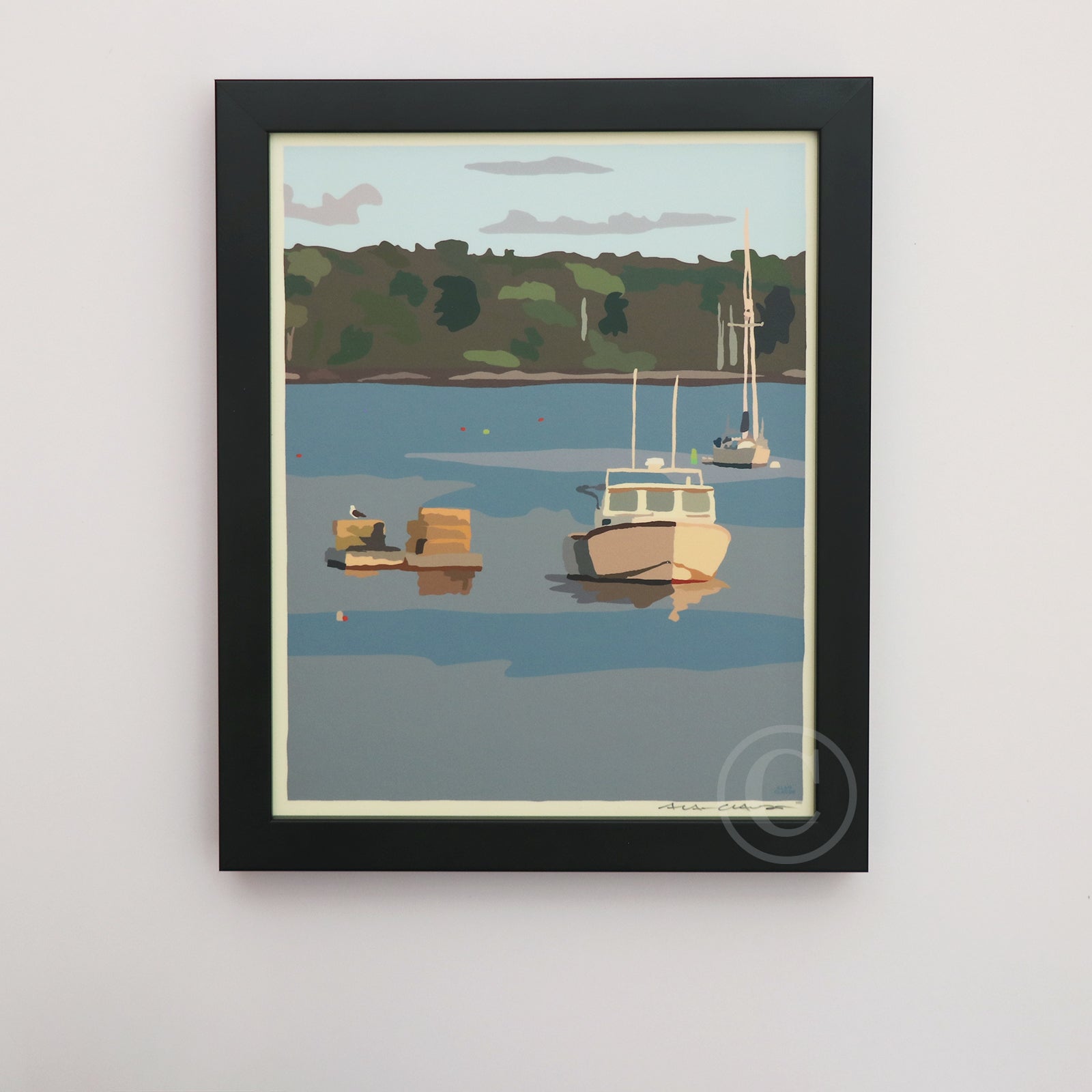 Lobster Boat in Round Pond Harbor Art Print Harbor 8" x 10" Vertical Framed Wall Poster By Alan Claude - Maine