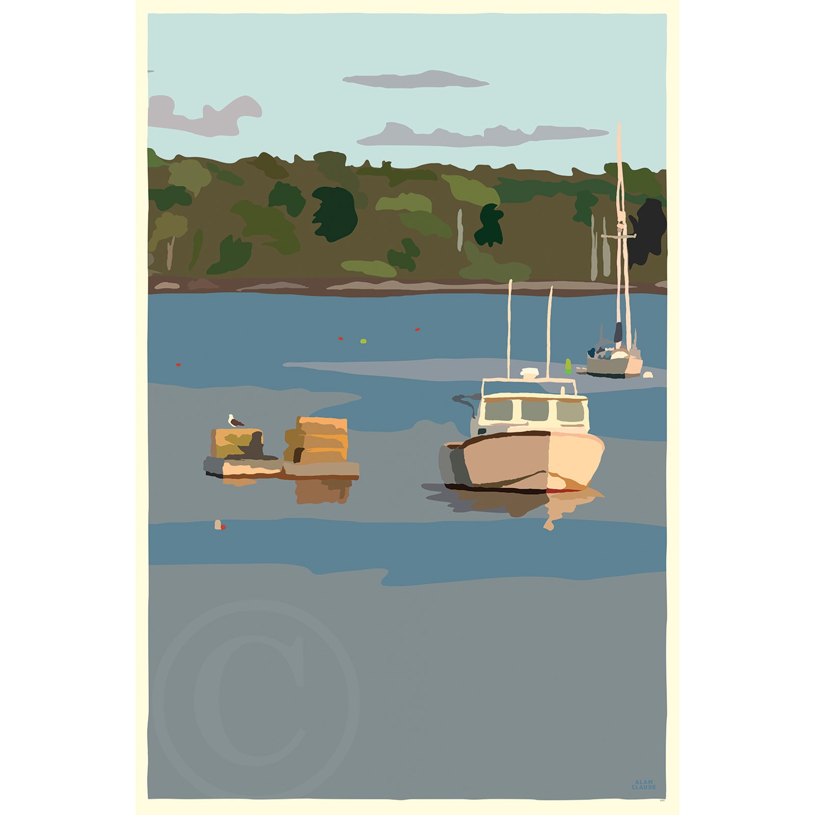 Lobster Boat in Round Pond Harbor Art Print Harbor 24" x 36” Vertical Wall Poster By Alan Claude - Maine