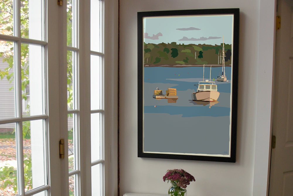 Lobster Boat in Round Pond Harbor Art Print 24" x 36" Vertical Framed Wall Poster By Alan Claude - Maine