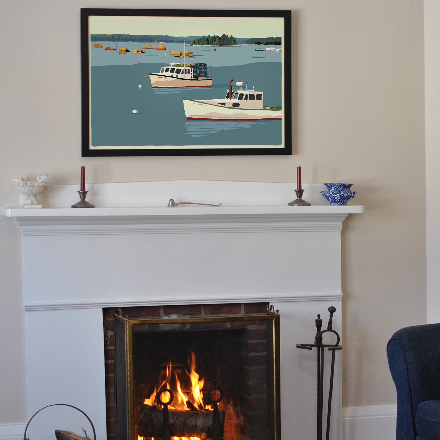 Lobster Boats in Friendship Art Print 24" x 36" Framed Wall Poster By Alan Claude - Maine