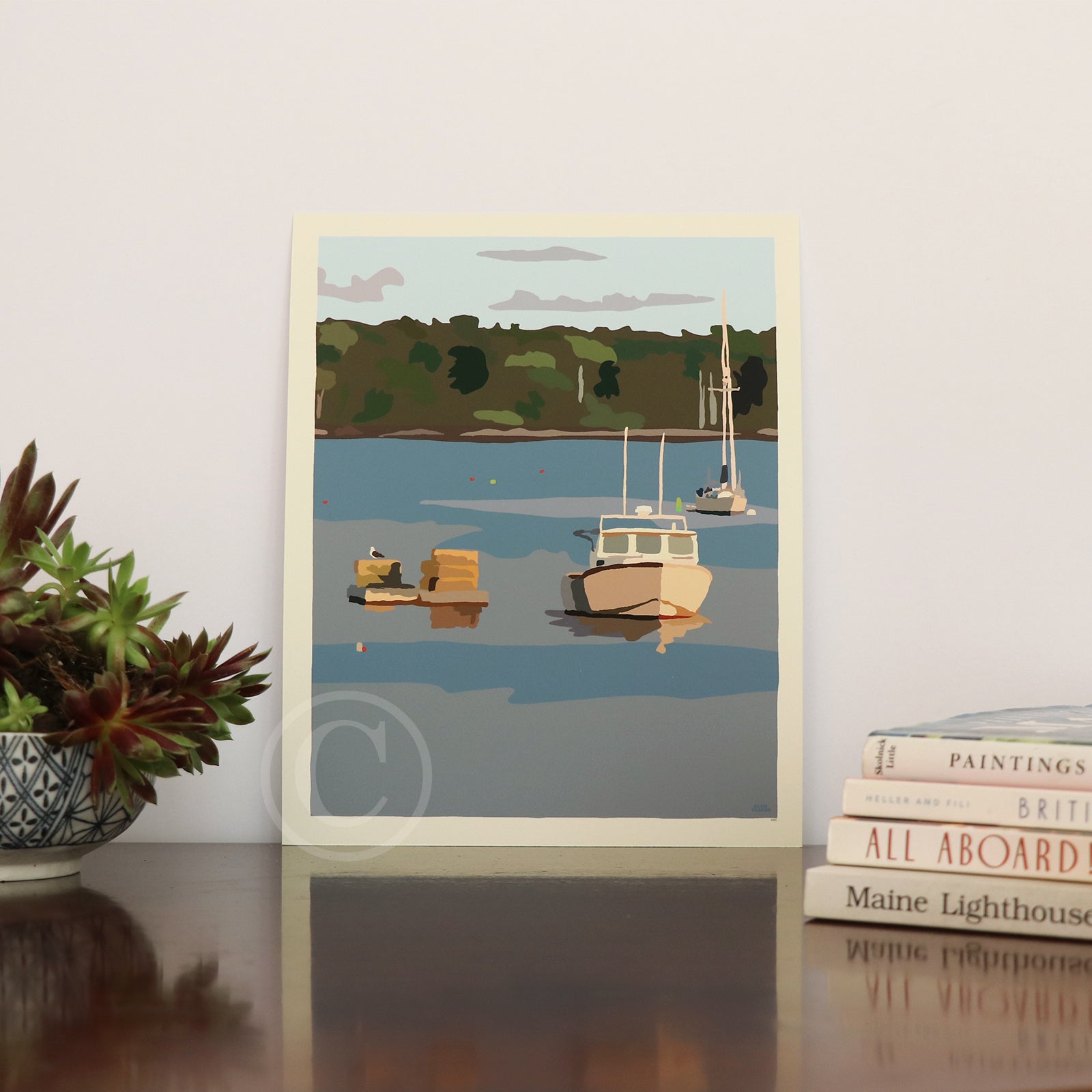 Lobster Boat in Round Pond Harbor Art Print 8" x 10” Vertical Wall Poster By Alan Claude - Maine