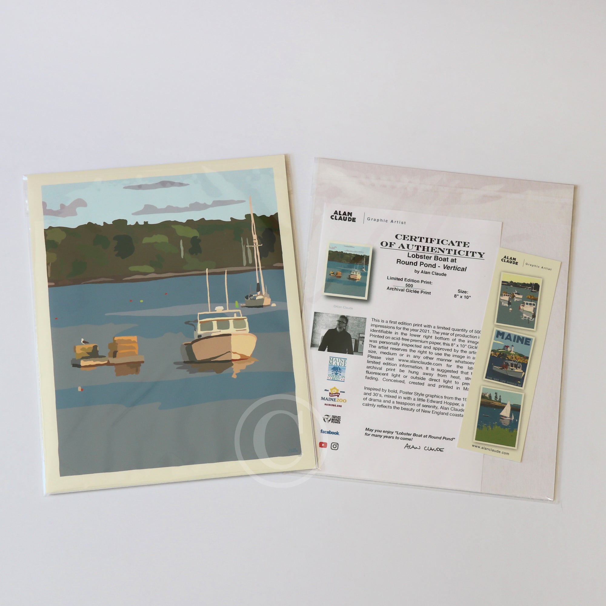 Lobster Boat in Round Pond Harbor Art Print 8" x 10” Vertical Wall Poster By Alan Claude - Maine