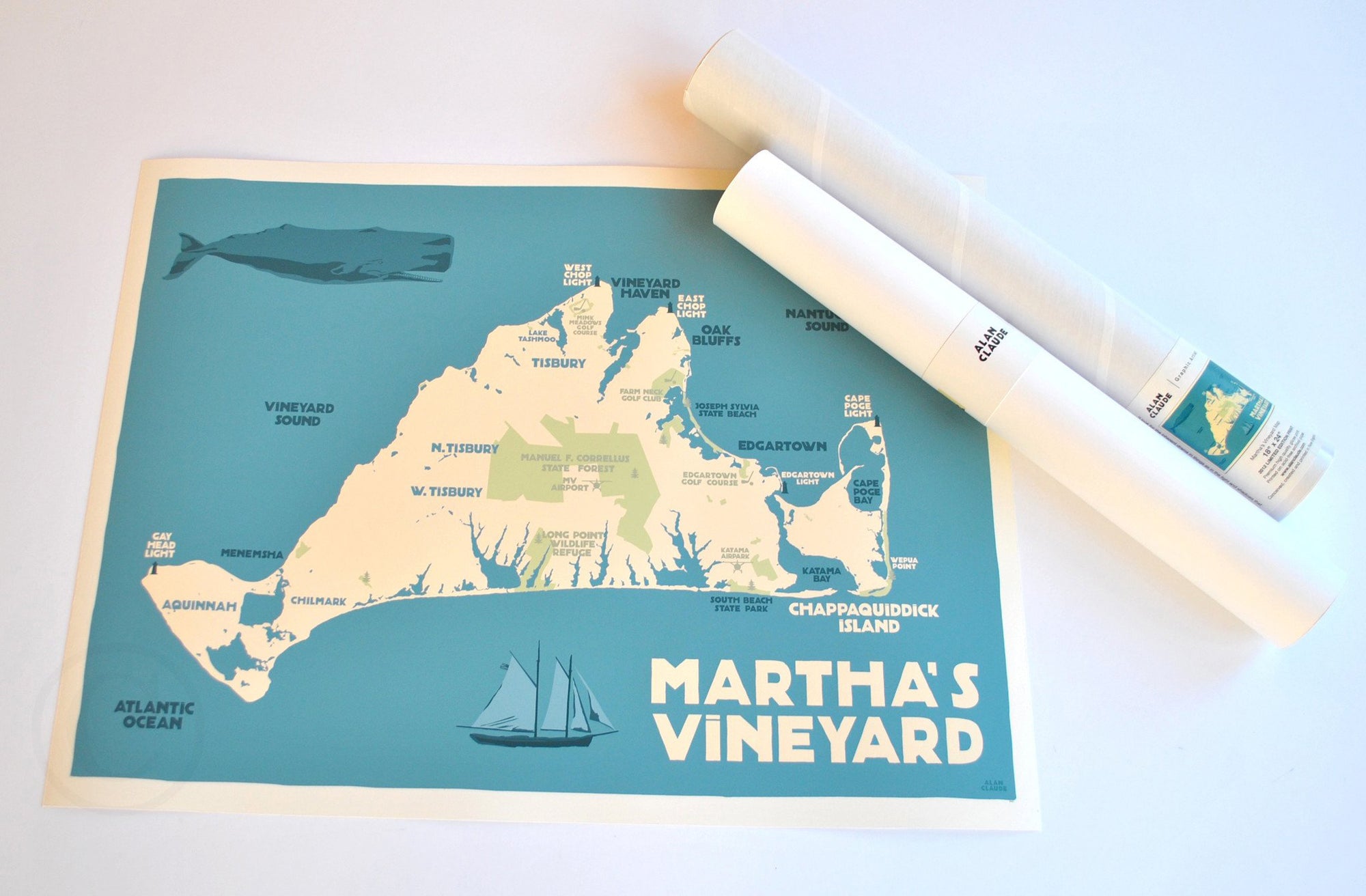 Martha's Vineyard Map Art Print 18" x 24" Travel Poster By Alan Claude - Massachusetts