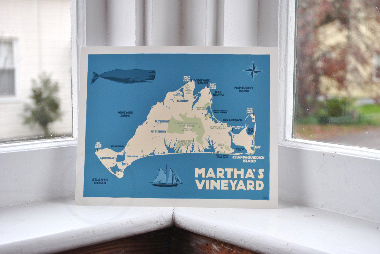 Martha's Vineyard Map Art Print 8" x 10" Travel Poster By Alan Claude - Massachusetts