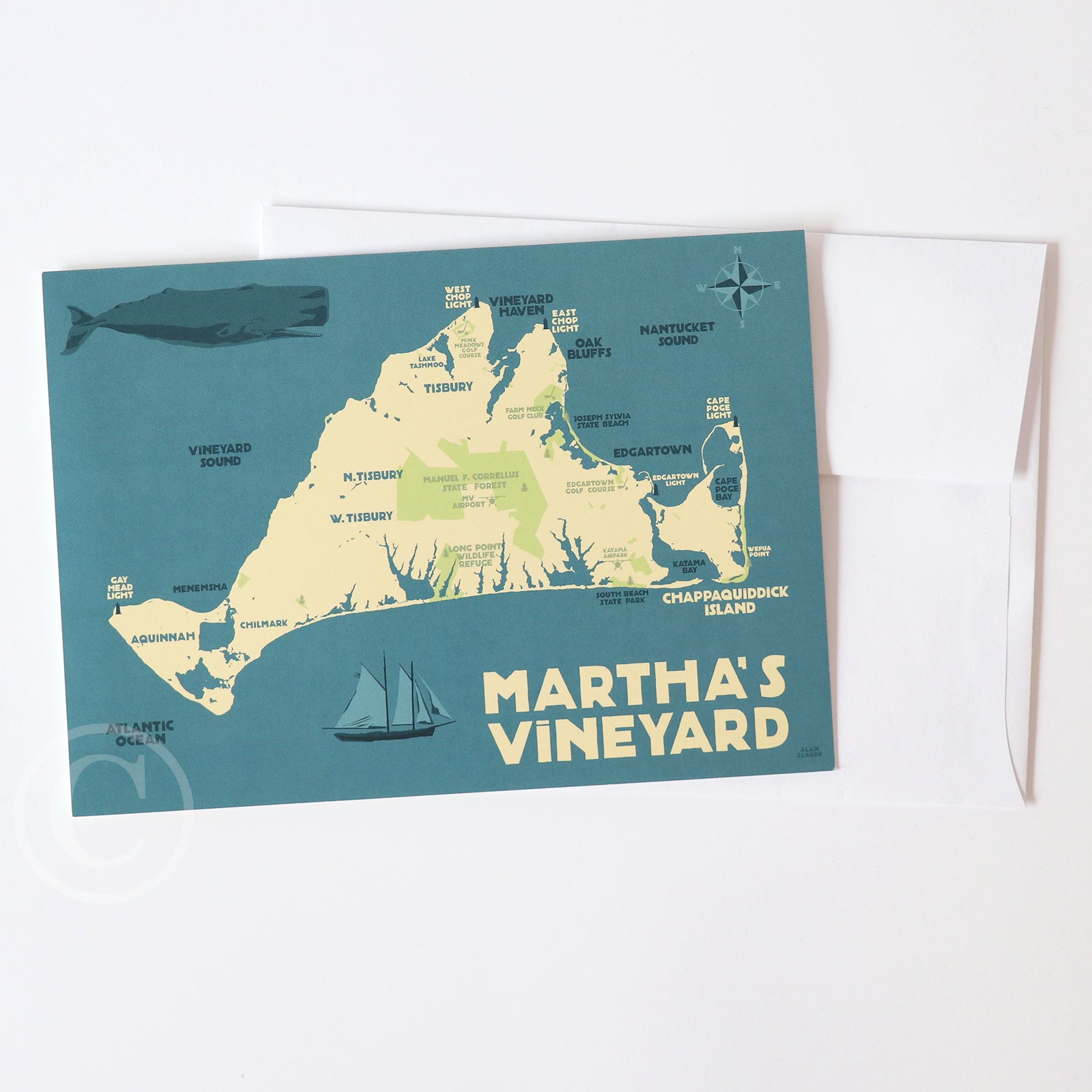Martha's Vineyard Map, Massachusetts Map Notecard 5" x 7"  - Massachusetts