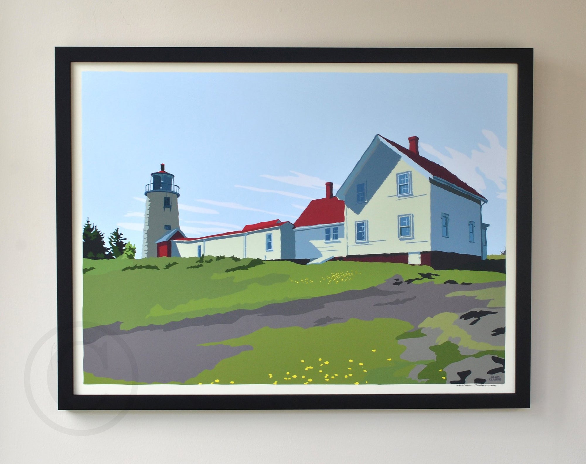 Monhegan Island Light Art Print 18" x 24" Horizontal Framed Wall Poster By Alan Claude - Maine