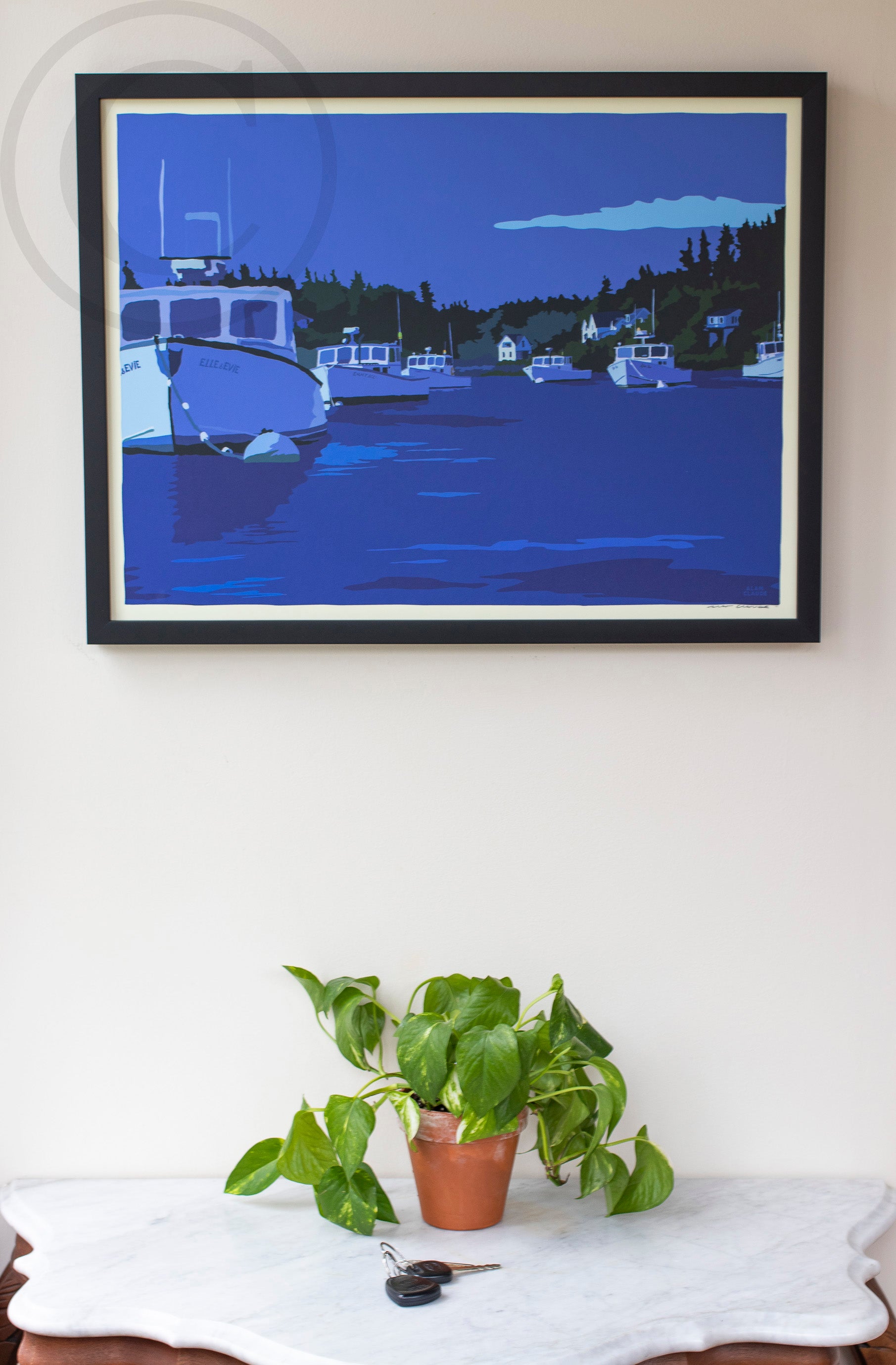 Moonlight Over Port Clyde Art Print 18" x 24" Horizontal Framed Wall Poster By Alan Claude - Maine