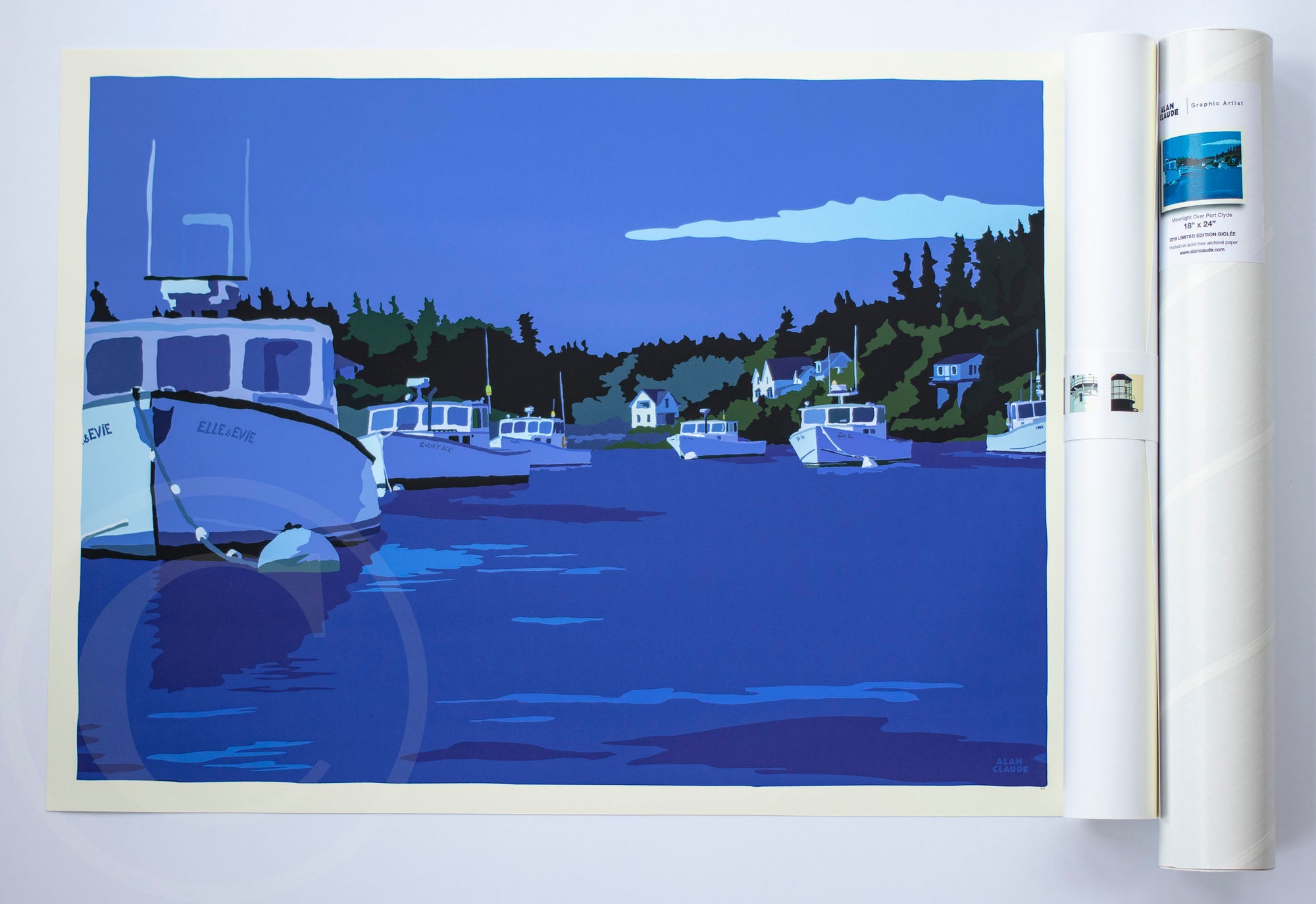 Moonlight Over Port Clyde Art Print 18" x 24" Wall Poster By Alan Claude - Maine