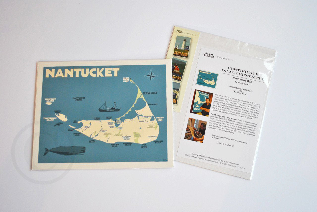 Nantucket Map Art Print 8" x 10" Travel Poster By Alan Claude - Massachusetts