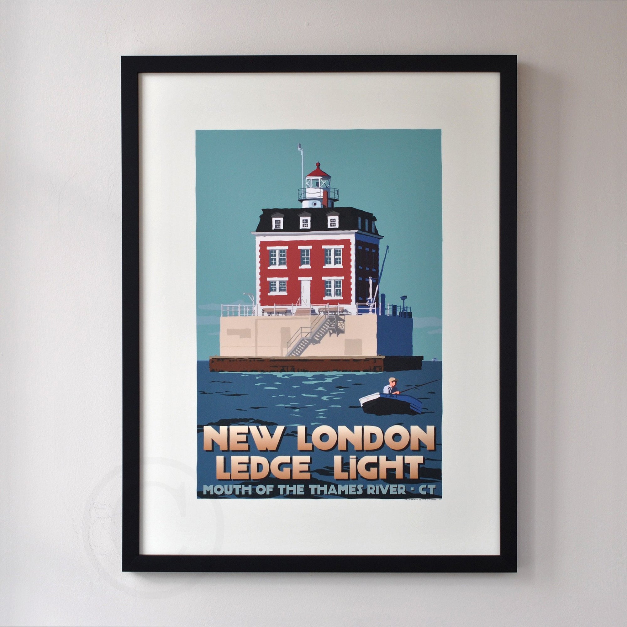 New London Ledge Light Art Print 18" x 24" Framed Travel Poster By Alan Claude - Connecticut
