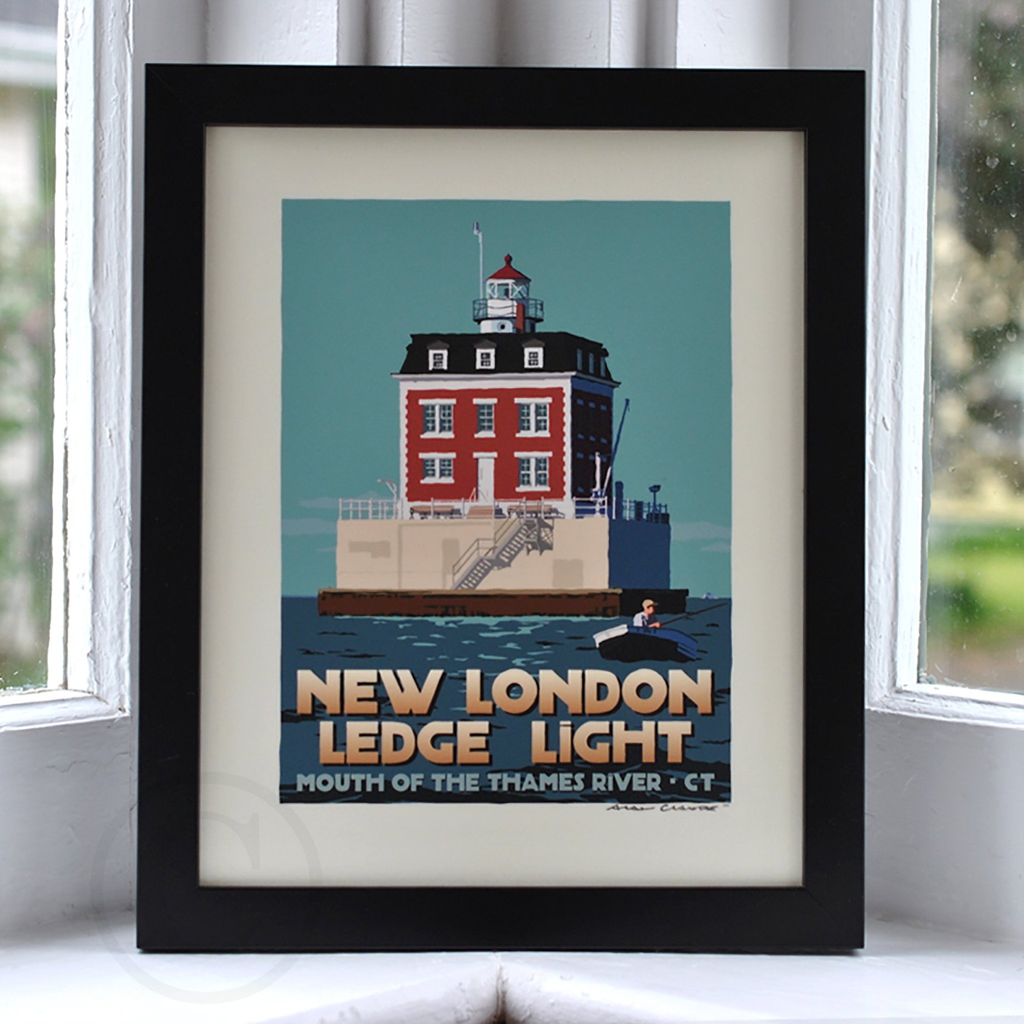 New London Ledge Light Art Print 8" x 10" Framed Travel Poster By Alan Claude - Connecticut