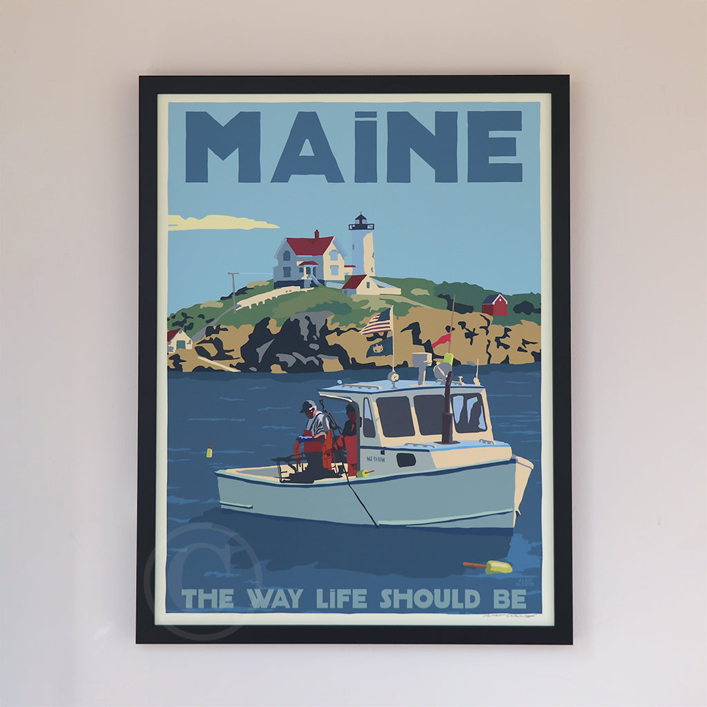 Lobstering at the Nubble MAINE The Way Life Should Be Art Print 18" x 24" Framed Travel Poster By Alan Claude - Maine