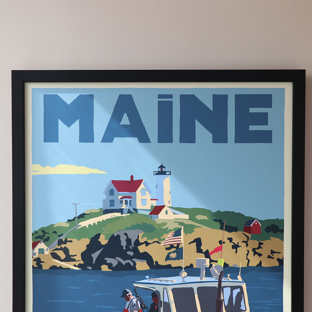 Lobstering at the Nubble MAINE The Way Life Should Be Art Print 18" x 24" Framed Travel Poster By Alan Claude - Maine