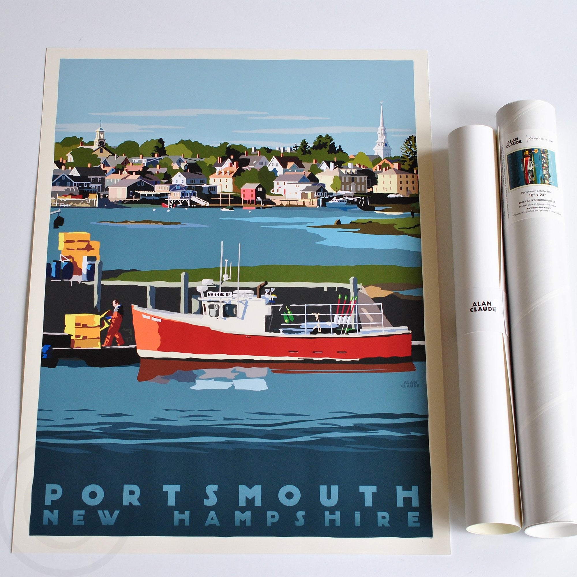 Portsmouth Lobster Boat Art Print 18" x 24" Travel Poster By Alan Claude - New Hampshire