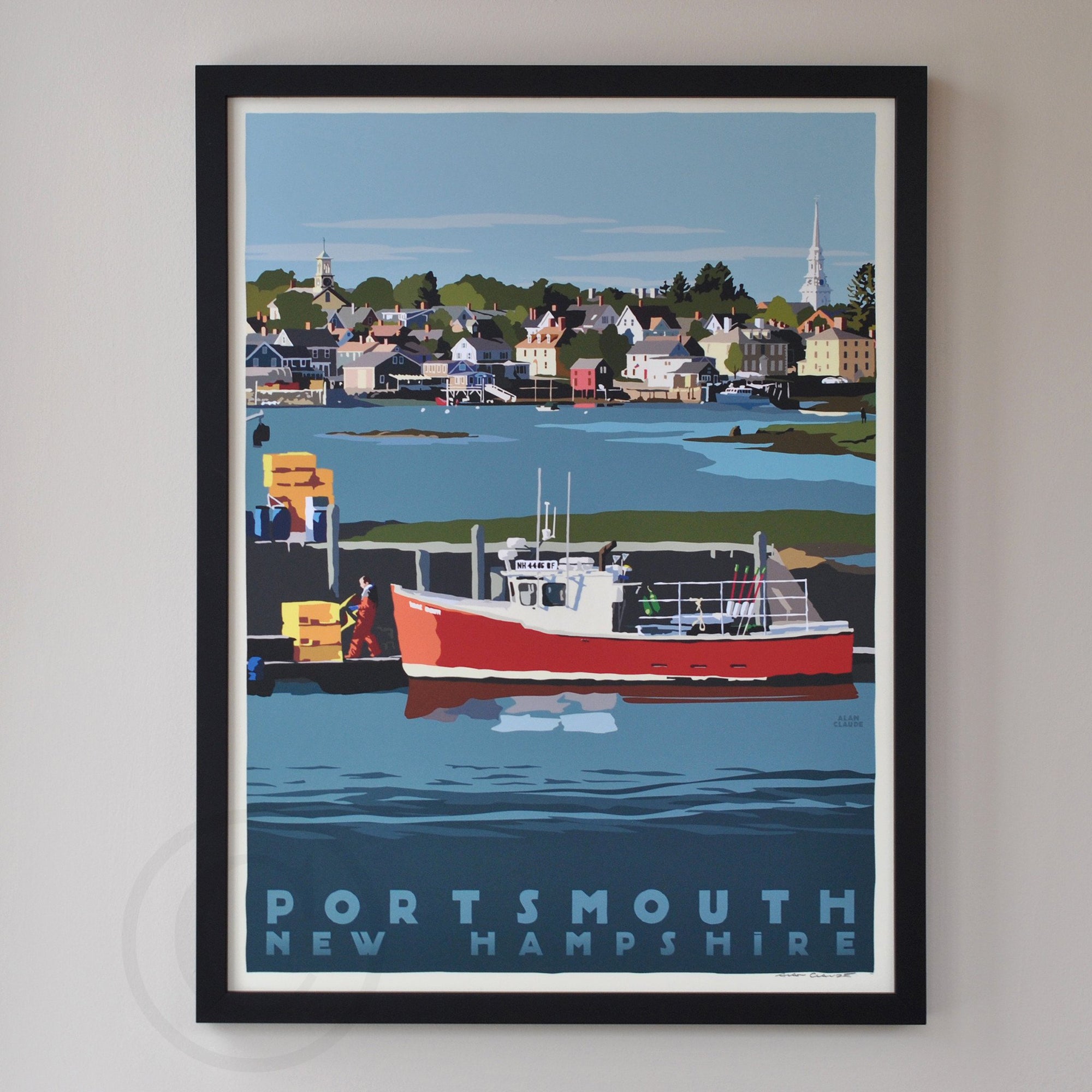 Portsmouth Lobster Boat Art Print 18" x 24" Framed Travel Poster By Alan Claude - New Hampshire