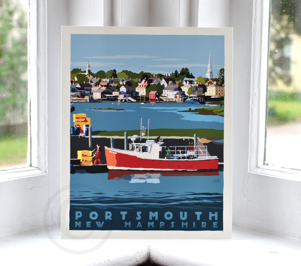 Portsmouth Lobster Boat Art Print 8" x 10" Travel Poster By Alan Claude - New Hampshire