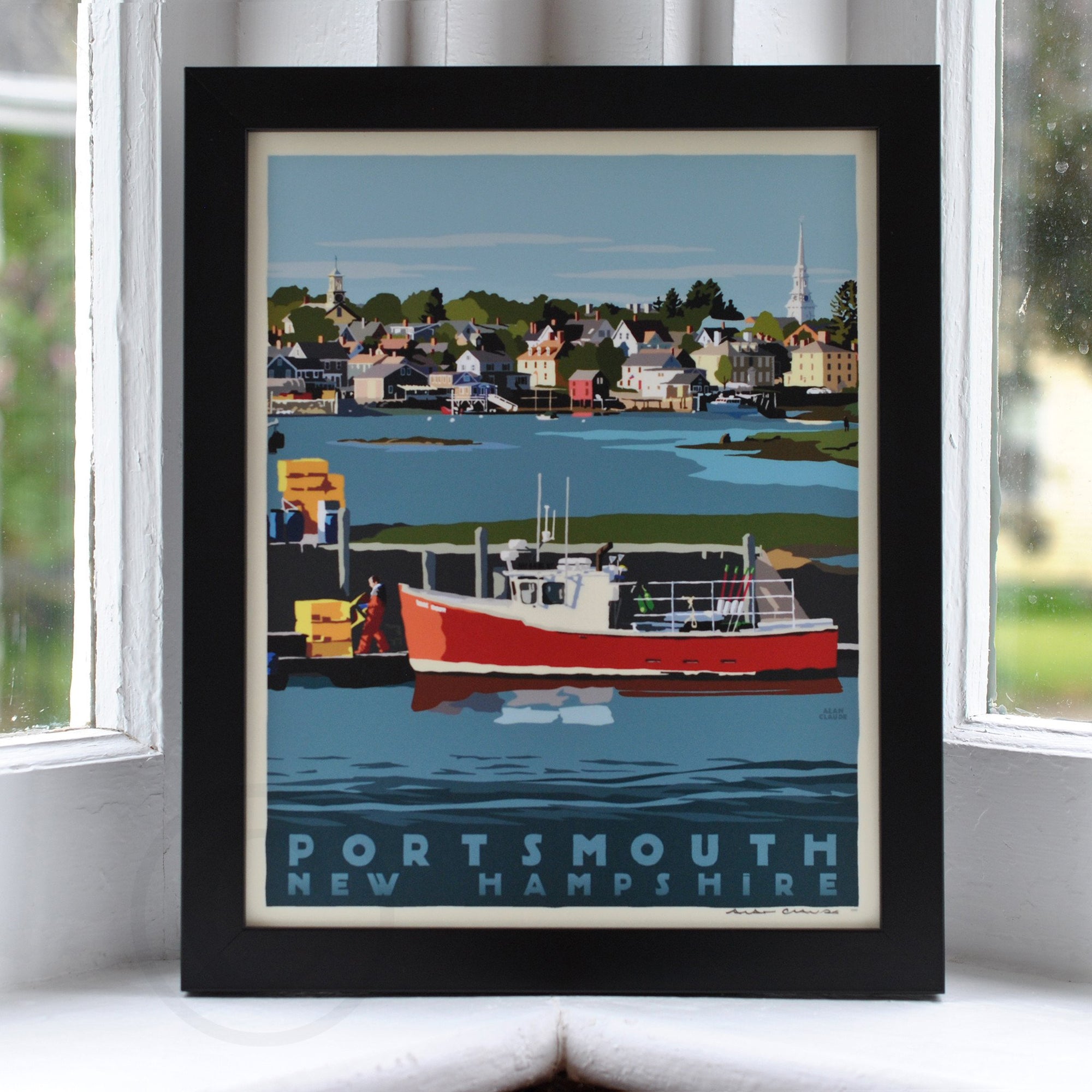 Portsmouth Lobster Boat Art Print 8" x 10" Framed Travel Poster By Alan Claude - New Hampshire