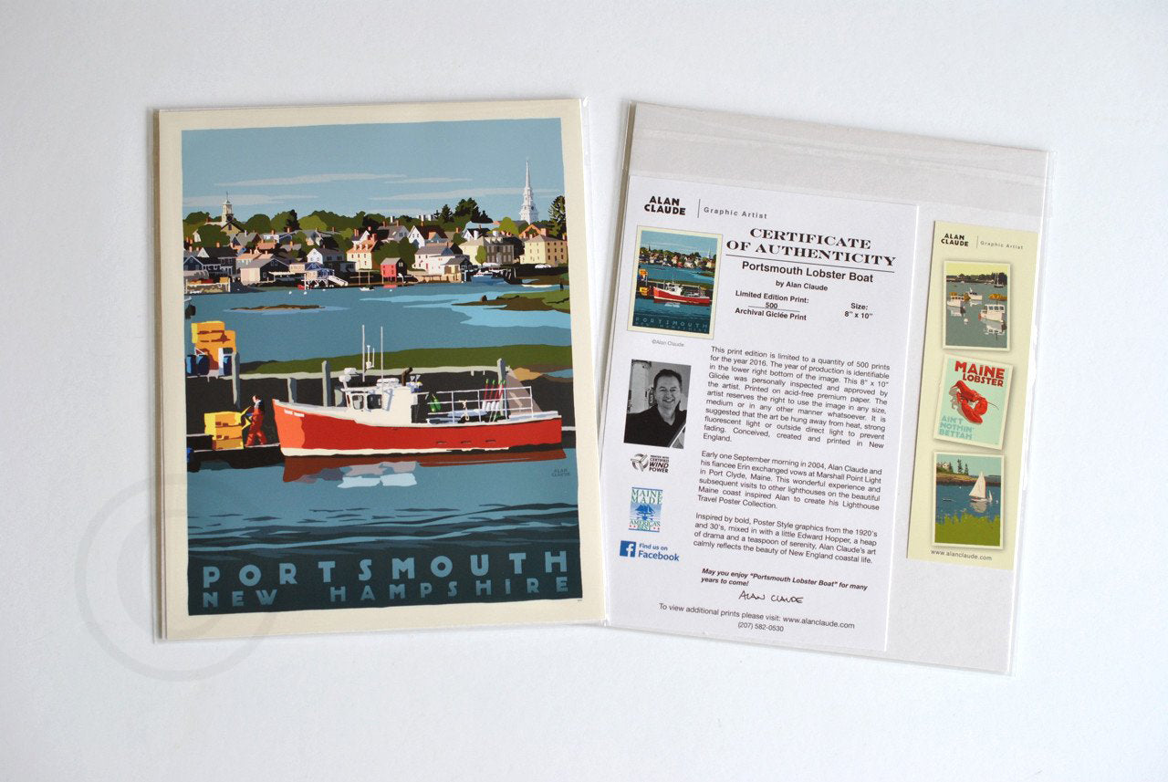 Portsmouth Lobster Boat Art Print 8" x 10" Travel Poster By Alan Claude - New Hampshire