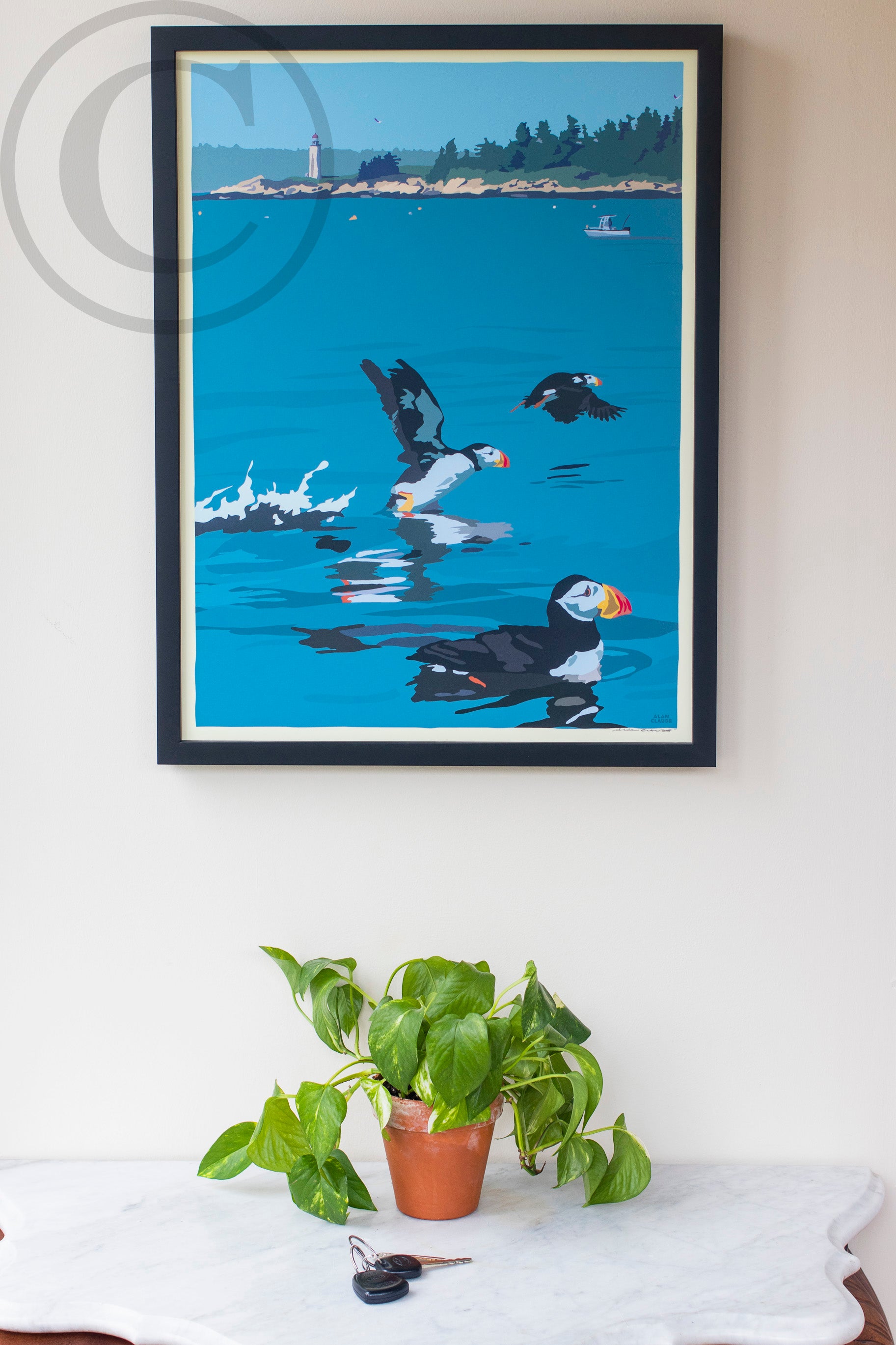 Puffins At Franklin Island Art Print 18" x 24" Framed Wall Poster By Alan Claude - Maine