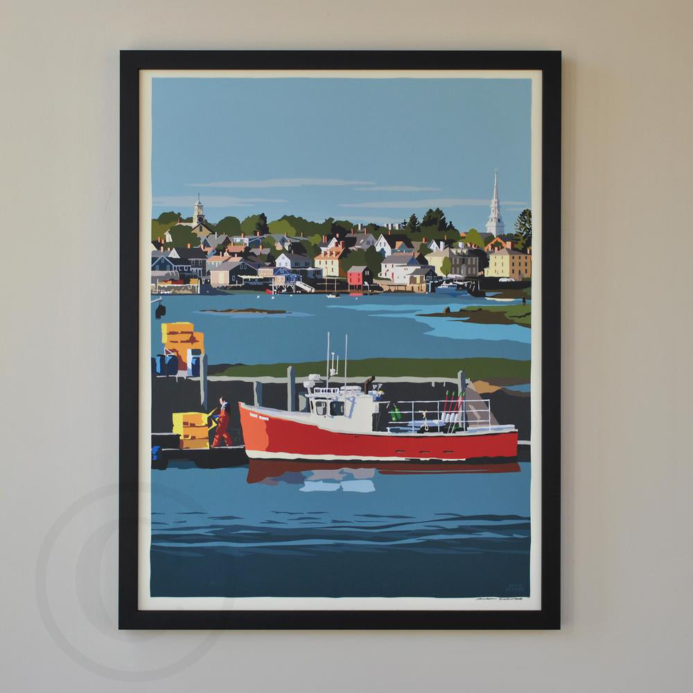 Red Lobster Boat Art Print 18" x 24" Framed Wall Poster By Alan Claude - New Hampshire