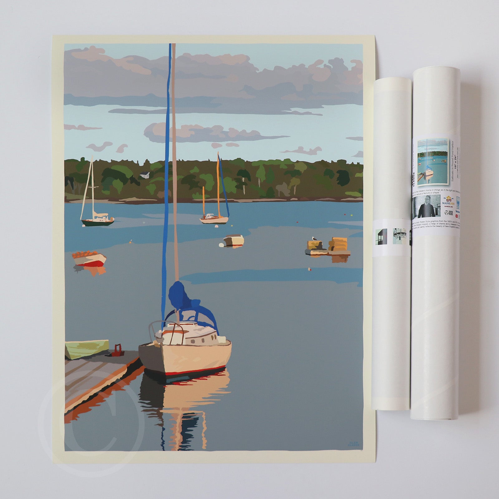 Sailboats in Round Pond Harbor Art Print 18" x 24" Wall Poster By Alan Claude - Maine