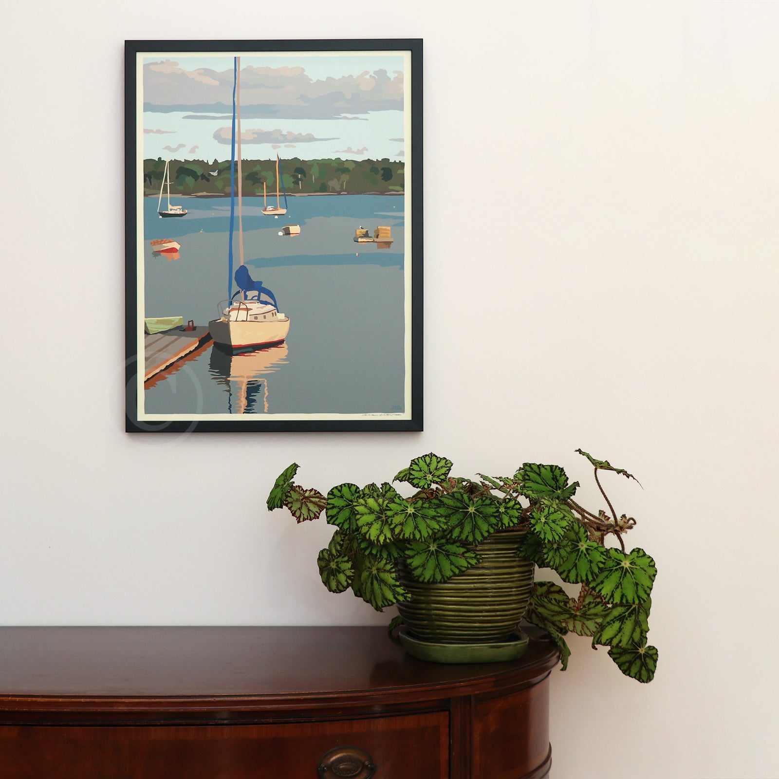 Sailboats in Round Pond Harbor Art Print 18" x 24” Framed Wall Poster By Alan Claude - Maine