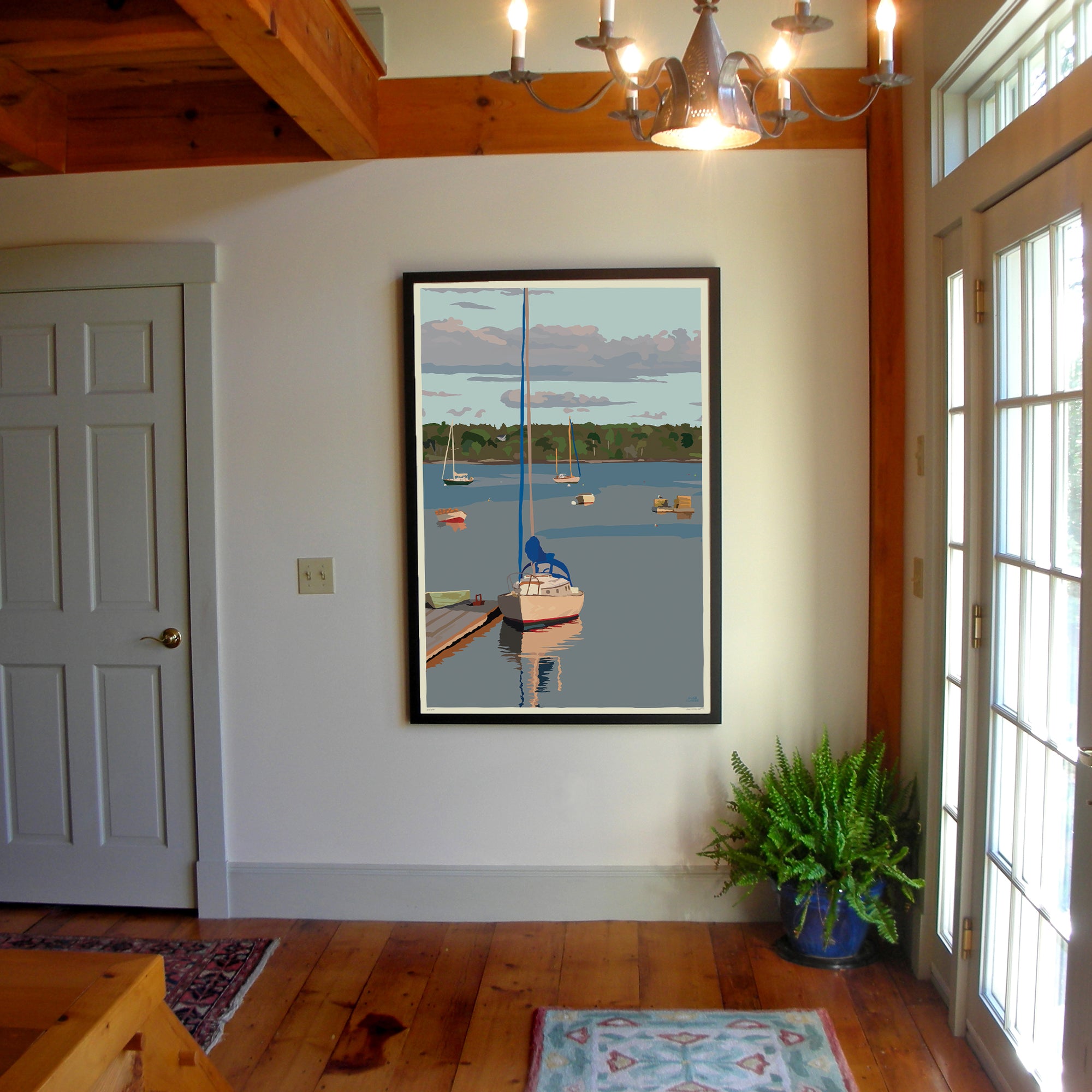 Sailboats in Round Pond Harbor Art Print 36" x 53" Framed Wall Poster - Maine