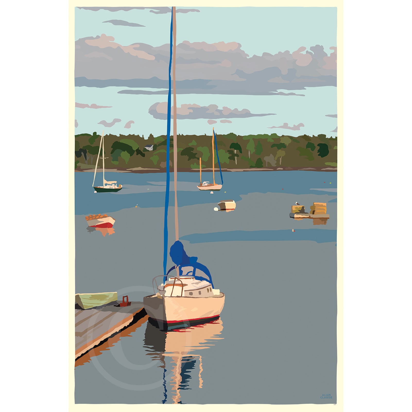 Sailboats in Round Pond Harbor Art Print 24" x 36” Wall Poster By Alan Claude - Maine