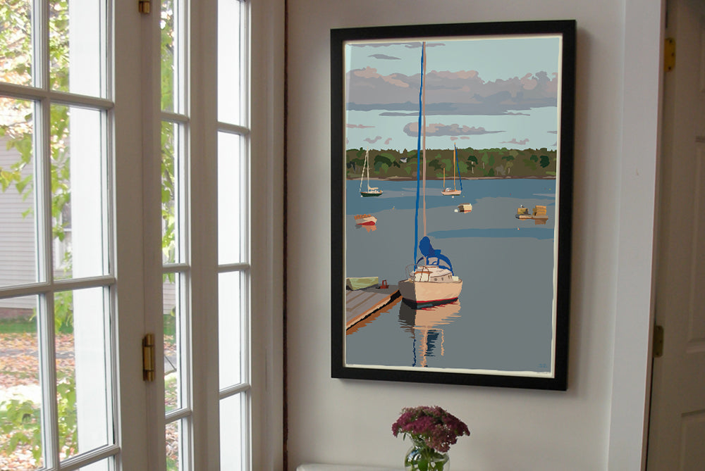 Sailboats in Round Pond Harbor Art Print 24" x 36" Framed Wall Poster By Alan Claude - Maine