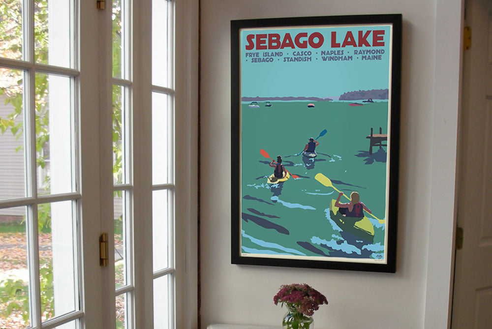 Sebago Lake kayakers Art Print 24" x 36" Framed Travel Poster By Alan Claude - Maine