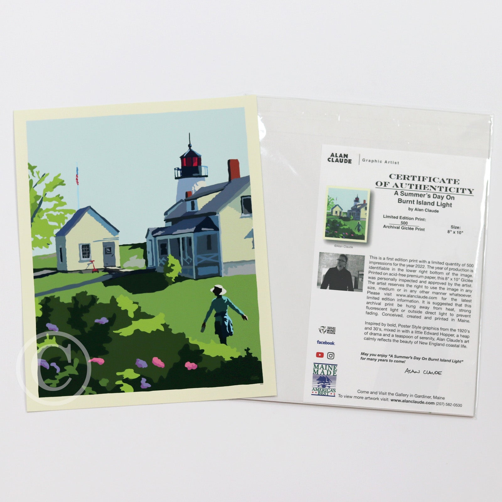 A Summer's Day on Burnt Island Light Art Print 8" x 10" Travel Poster By Alan Claude - Maine