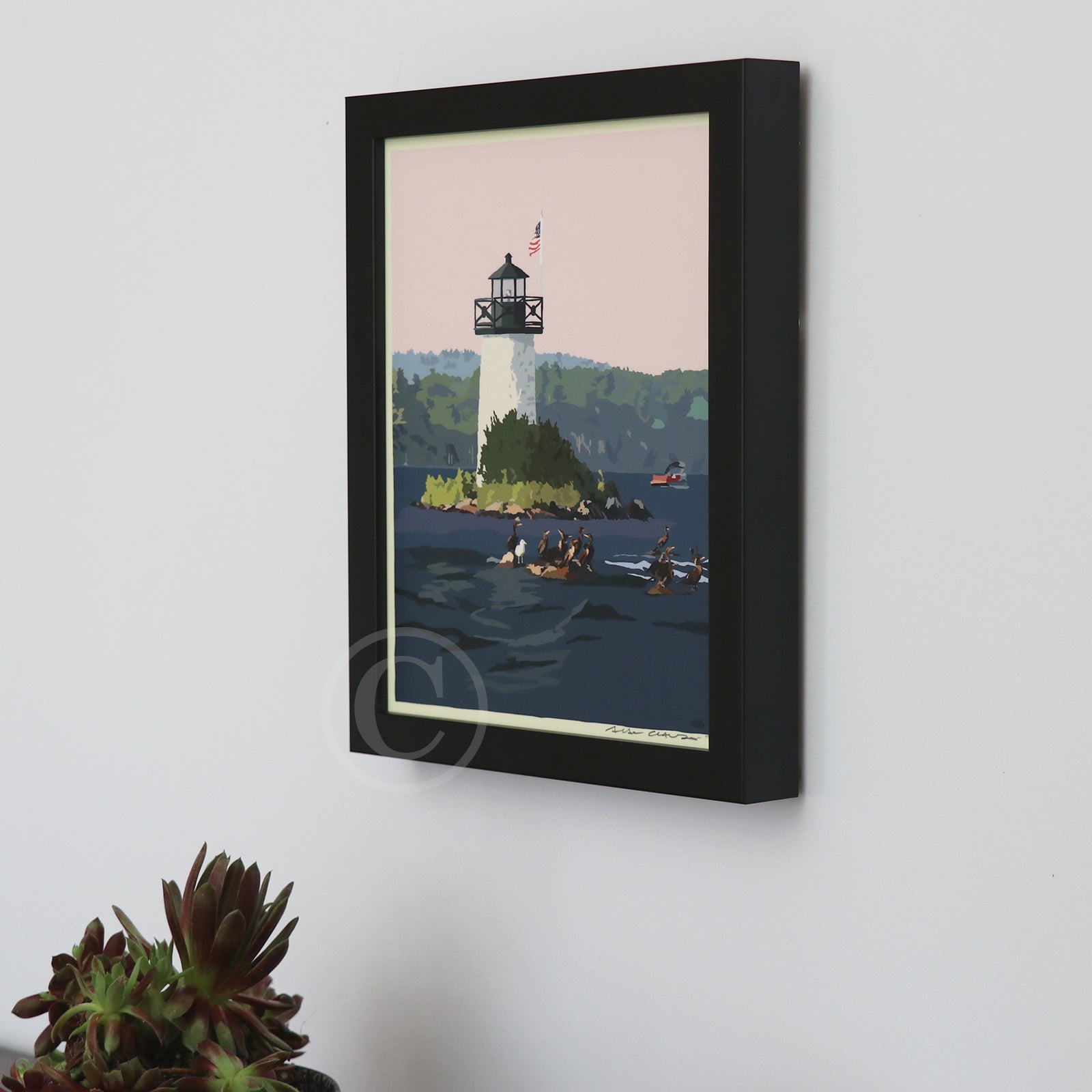 Sunset at Ladies Delight Lighthouse Art Print 8" x 10" Framed Vertical Wall Poster By Alan Claude - Maine