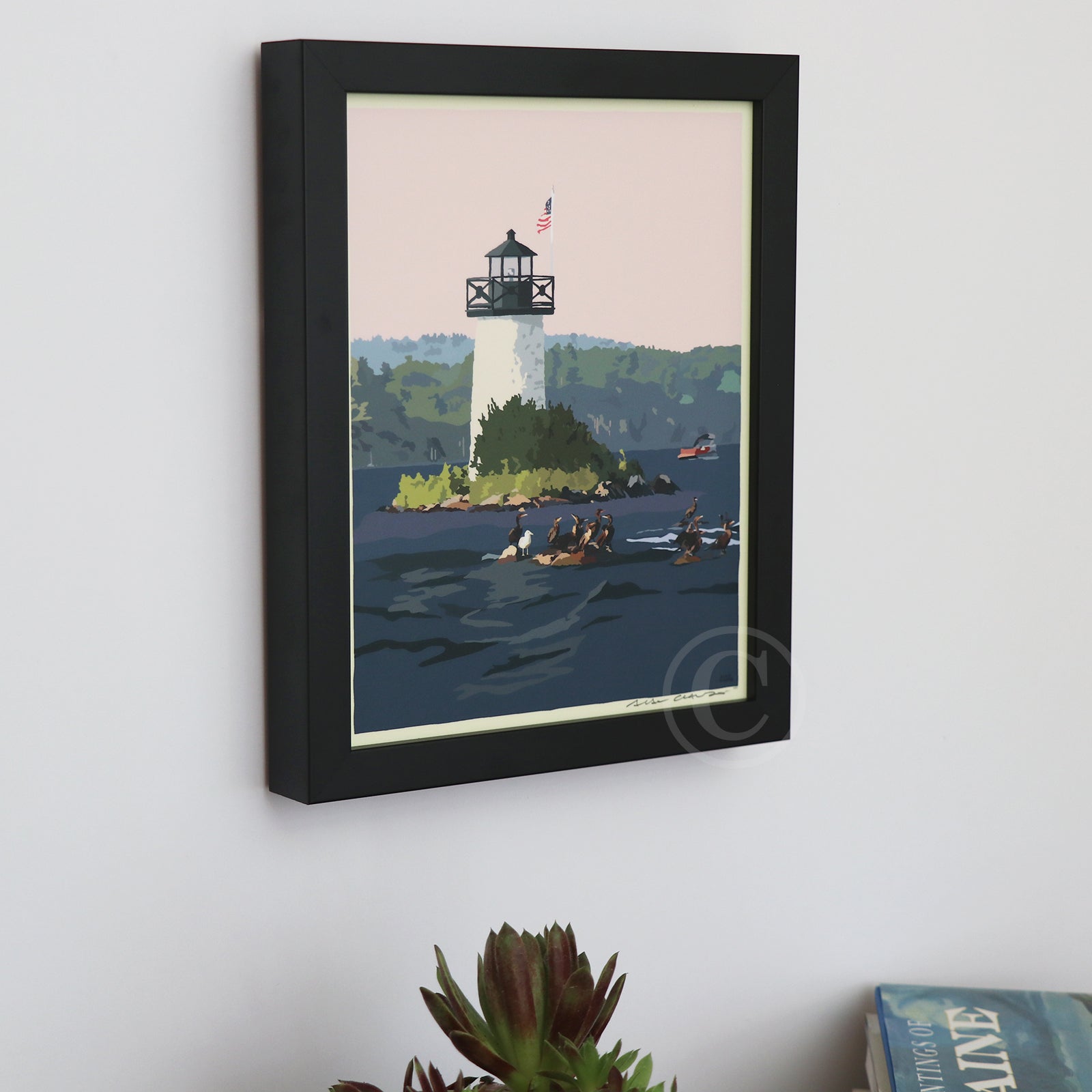 Sunset at Ladies Delight Lighthouse Art Print 8" x 10" Framed Vertical Wall Poster By Alan Claude - Maine