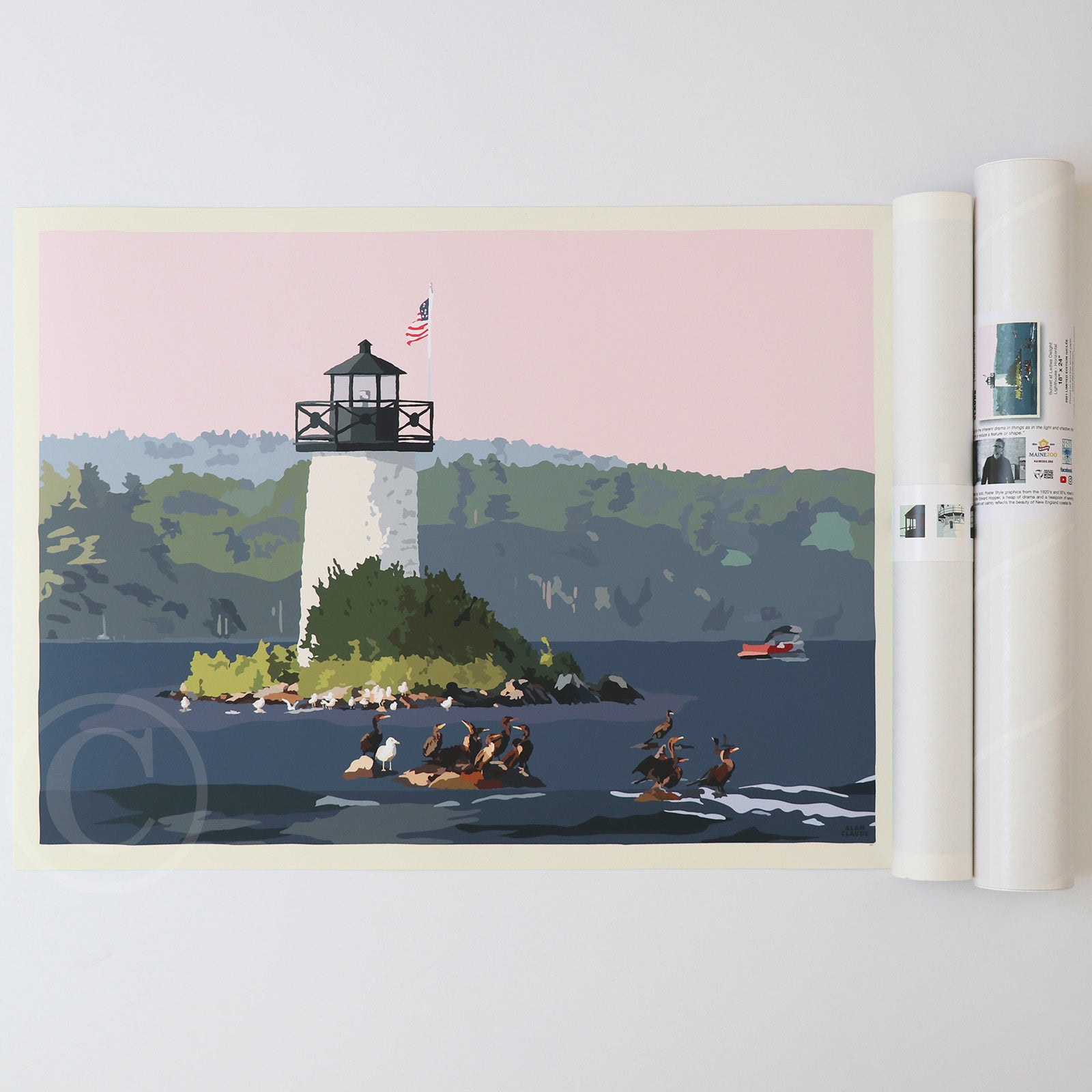 Sunset at Ladies Delight Lighthouse Art Print 18" x 24" Horizontal Wall Poster By Alan Claude - Maine
