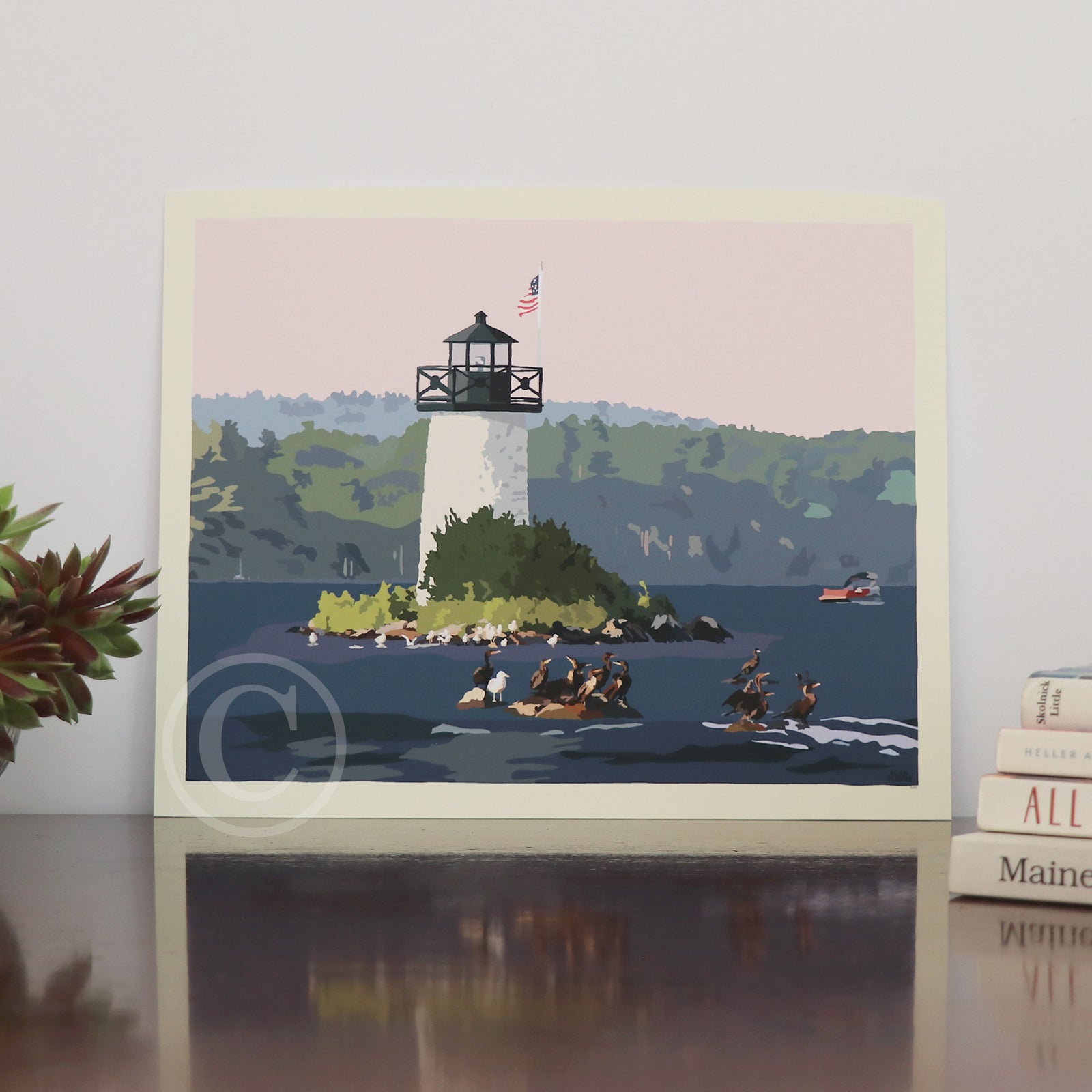 Sunset at Ladies Delight Lighthouse Art Print 8" x 10” Horizontal Wall Poster By Alan Claude - Maine