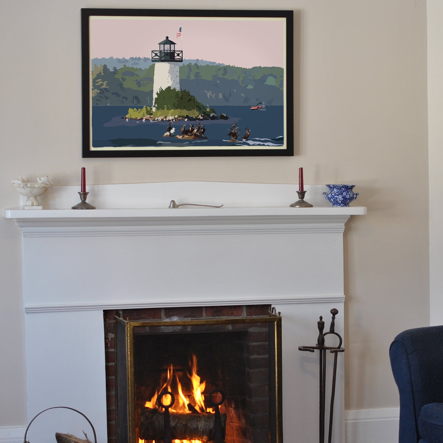 Sunset at Ladies Delight Lighthouse Art Print 24" x 36" Horizontal Framed Wall Poster By Alan Claude - Maine