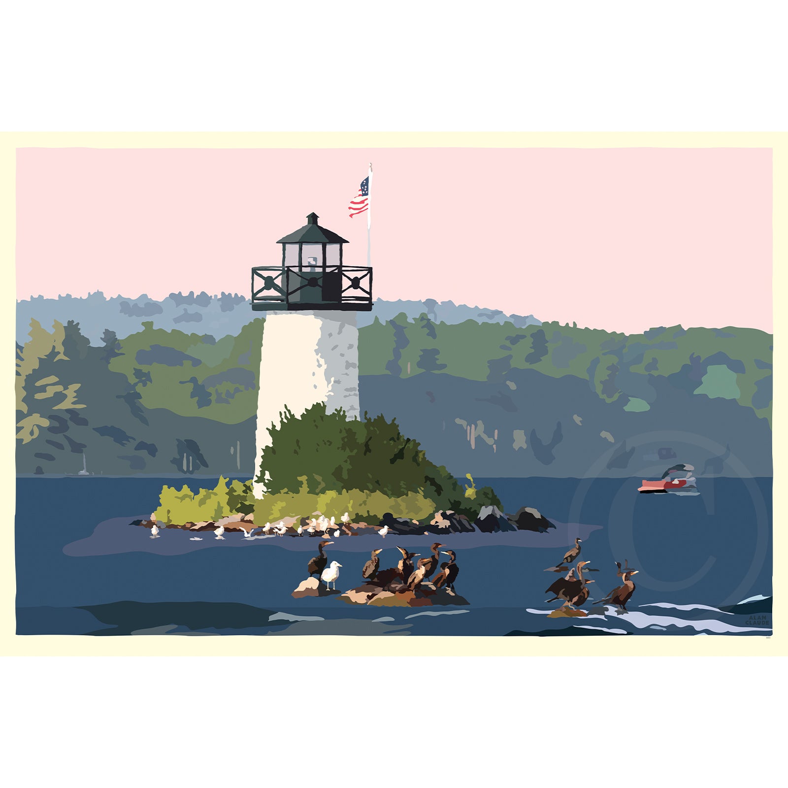 Sunset at Ladies Delight Lighthouse Art Print 36" x 53" Horizontal Wall Poster By Alan Claude - Maine