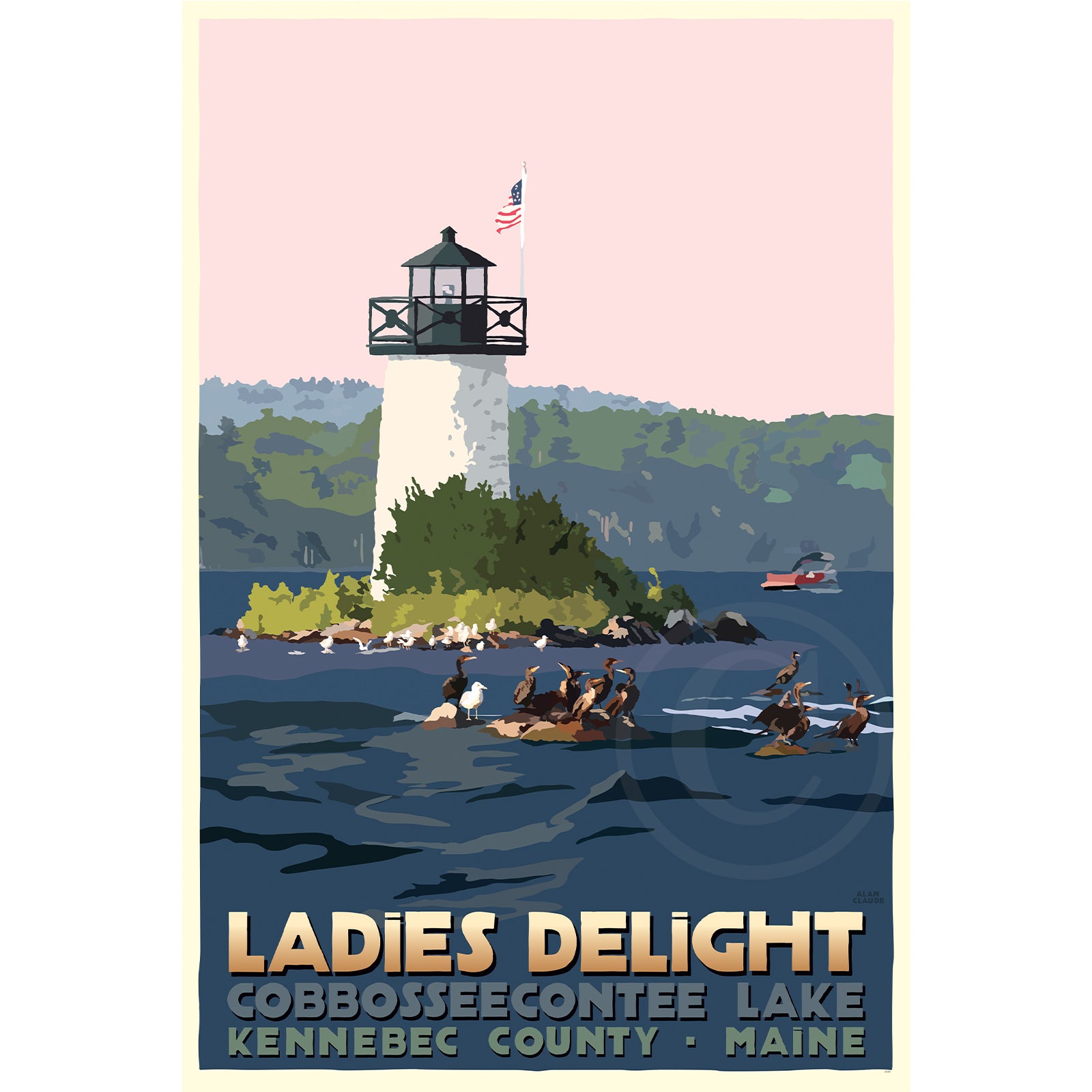 Sunset at Ladies Delight Lighthouse Art Print 24" x 36” Travel Poster By Alan Claude - Maine