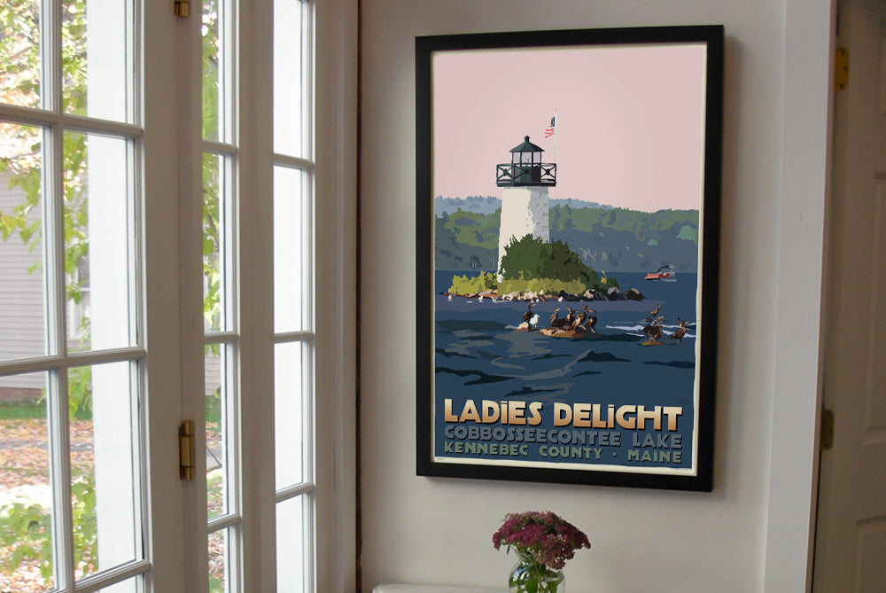 Sunset at Ladies Delight Lighthouse Art Print 24" x 36" Framed Travel Poster By Alan Claude - Maine
