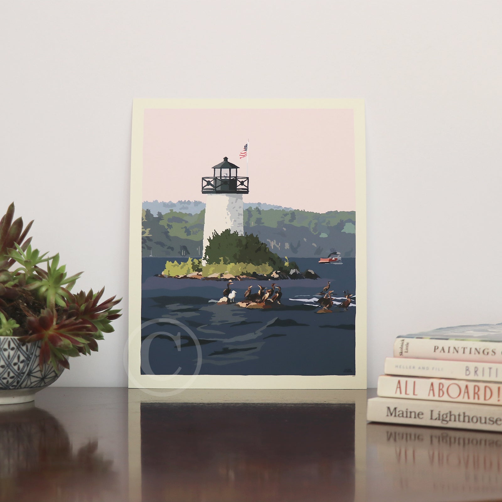 Sunset at Ladies Delight Lighthouse Art Print 8" x 10” Vertical Wall Poster By Alan Claude - Maine