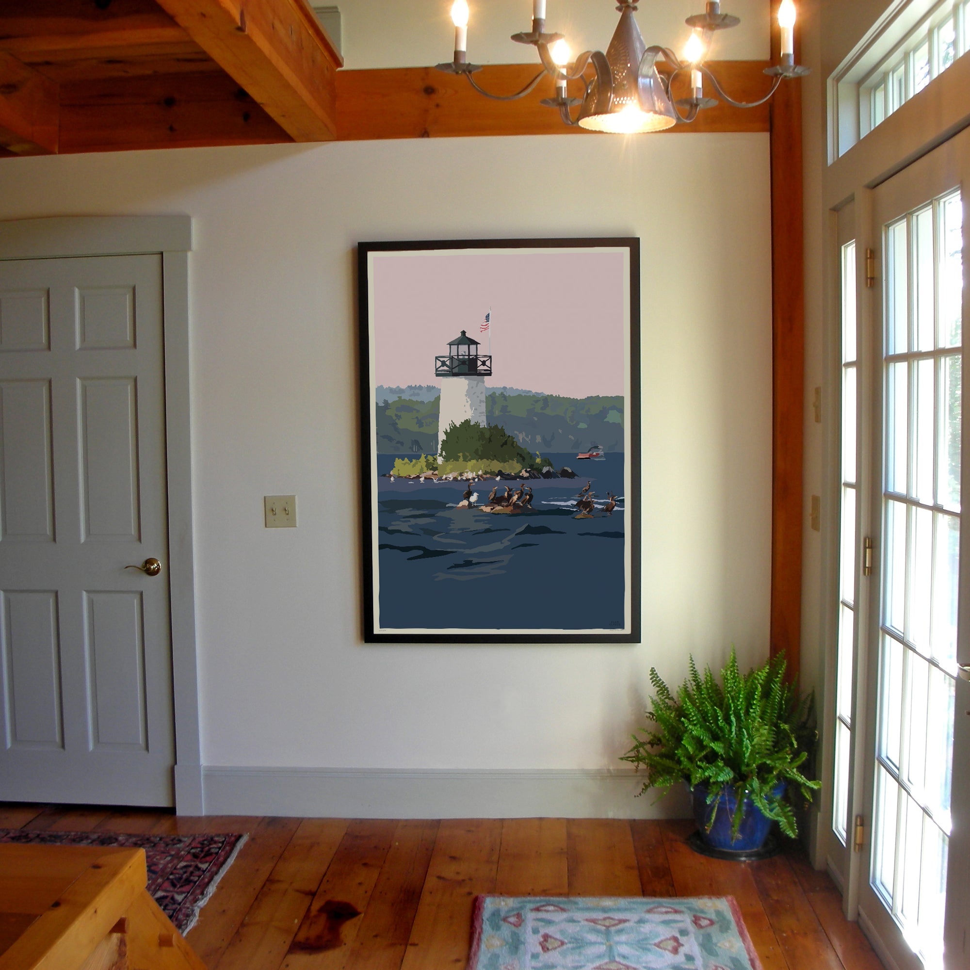 Sunset at Ladies Delight Lighthouse Art Print 36" x 53" Framed Vertical Wall Poster By Alan Claude - Maine