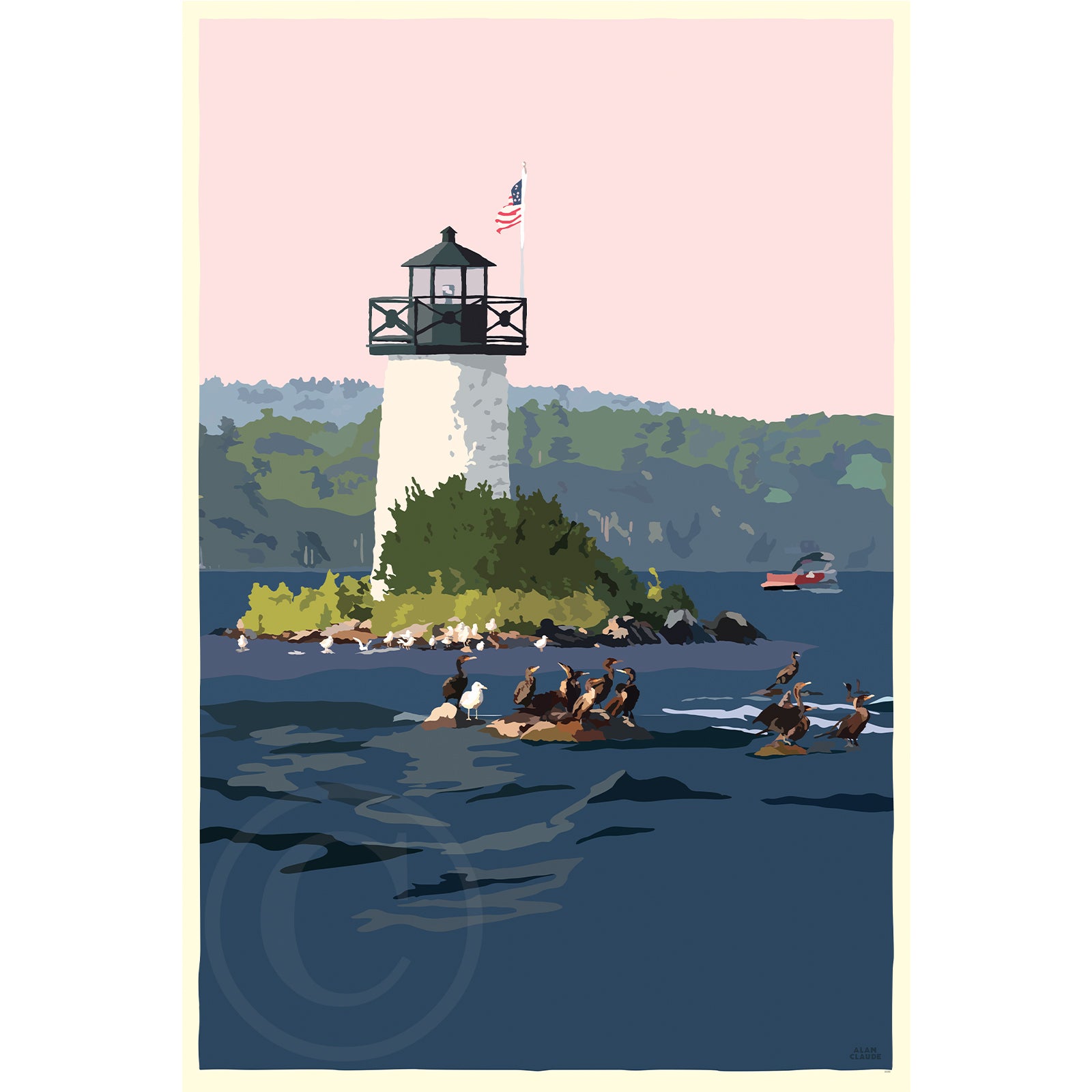 Sunset at Ladies Delight Lighthouse Art Print 36" x 53" Vertical Wall Poster By Alan Claude - Maine