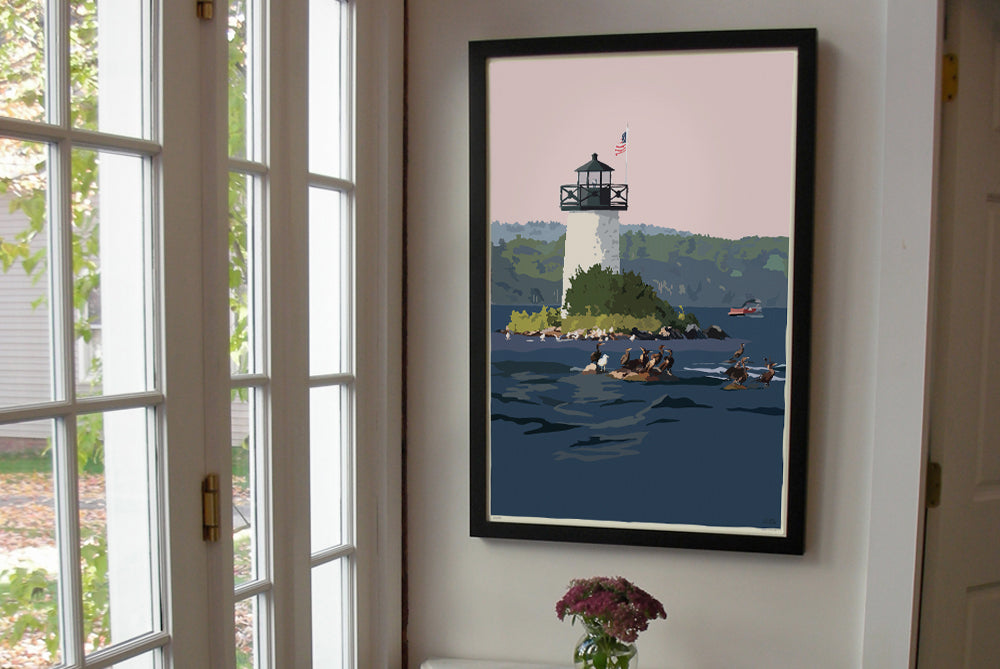 Sunset at Ladies Delight Lighthouse Art Print 24" x 36" Framed Vertical Wall Poster By Alan Claude - Maine