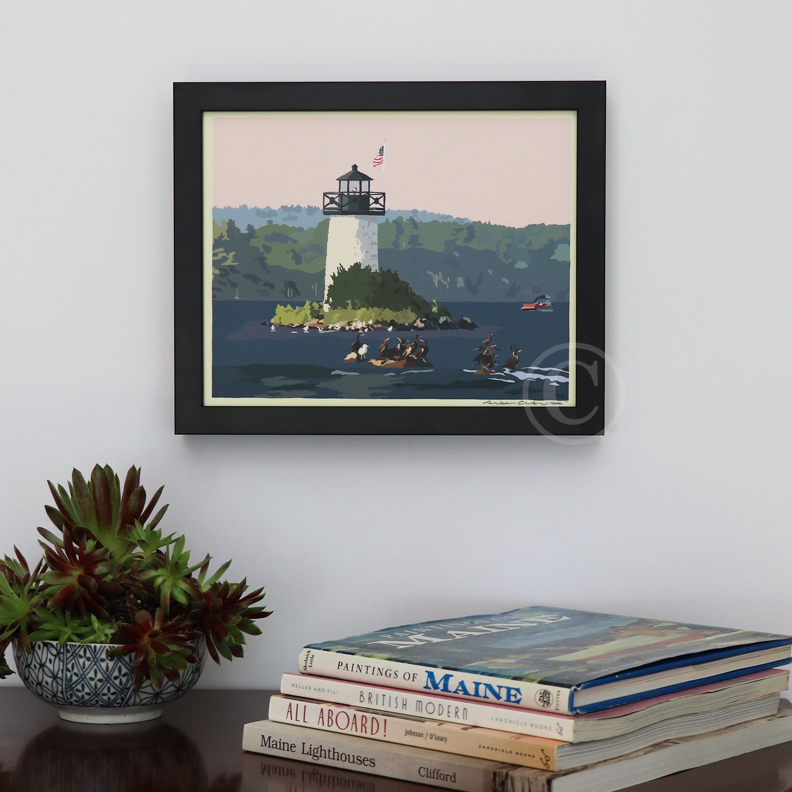 Sunset at Ladies Delight Lighthouse Art Print 8" x 10" Horizontal Framed Wall Poster By Alan Claude - Maine