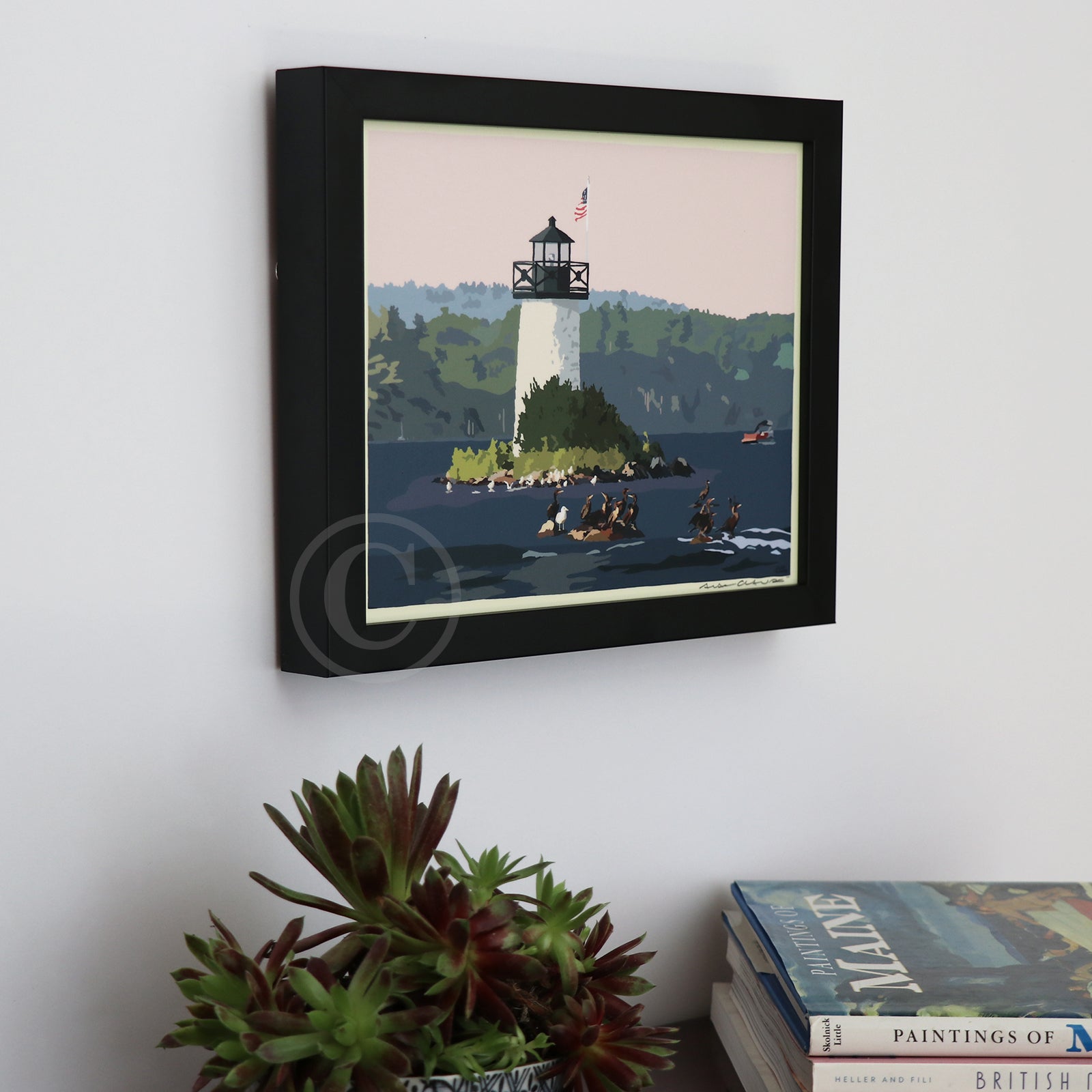 Sunset at Ladies Delight Lighthouse Art Print 8" x 10" Horizontal Framed Wall Poster By Alan Claude - Maine