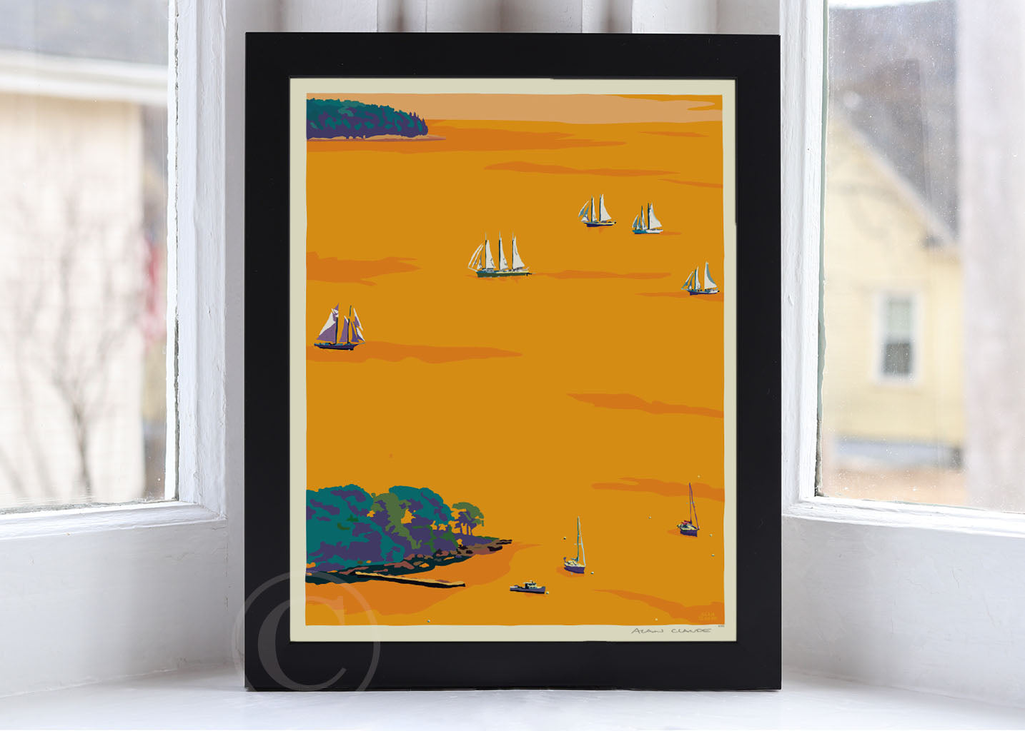Sunset Schooners in Camden Harbor Art Print 8" x 10" Framed Wall Poster By Alan Claude - Maine