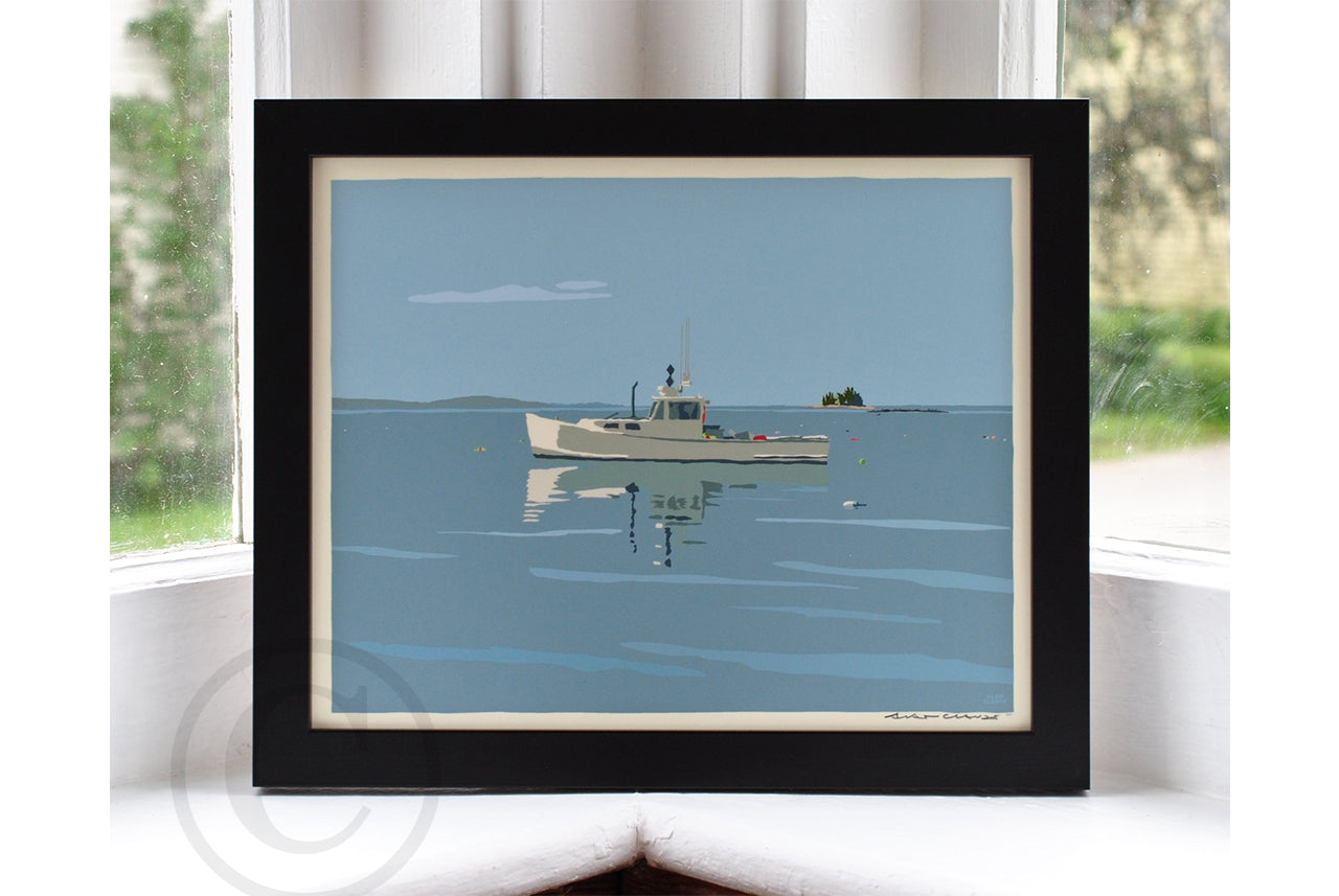 Tranquility Lobster Boat Art Print 8" x 10" Horizontal Framed Wall Poster By Alan Claude - Maine