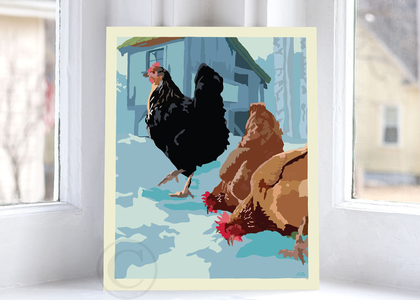 Winter Chickens Art Print 8" x 10" Wall Poster By Alan Claude - Maine