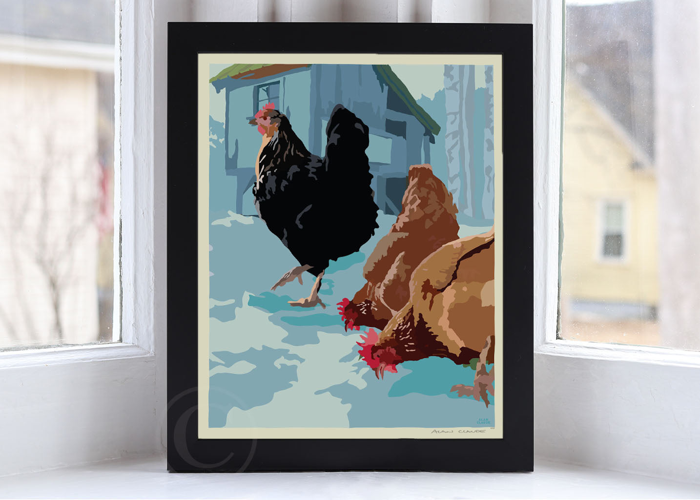 Winter Chickens Art Print 8" x 10" Framed Wall Poster By Alan Claude - Maine